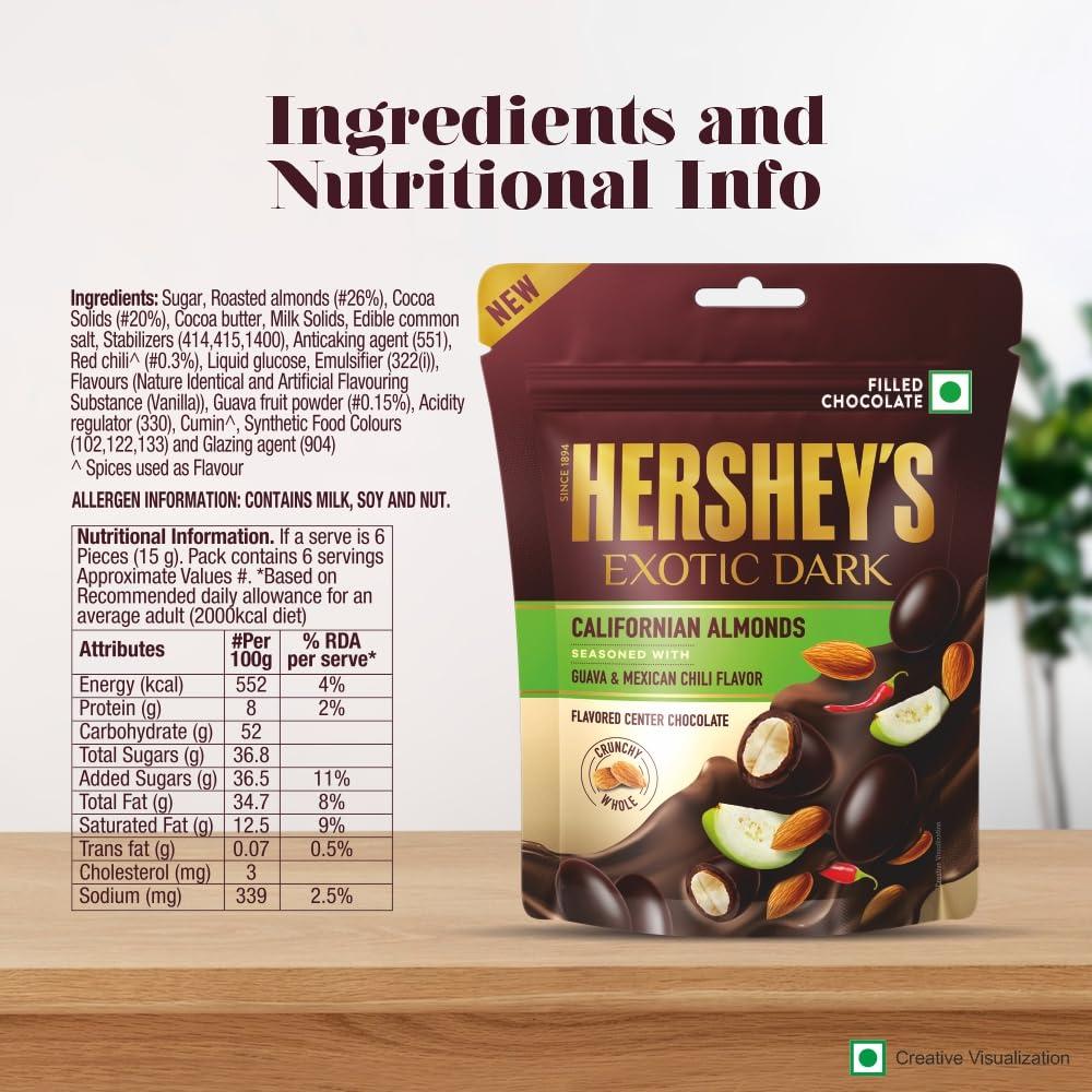 HERSHEY'S HERSHEY\'S Exotic Dark Chocolate- Californian Almond Seasoned with Guava-Mexican Chili Flavor 90G ( Pack of 4), 360 Gm