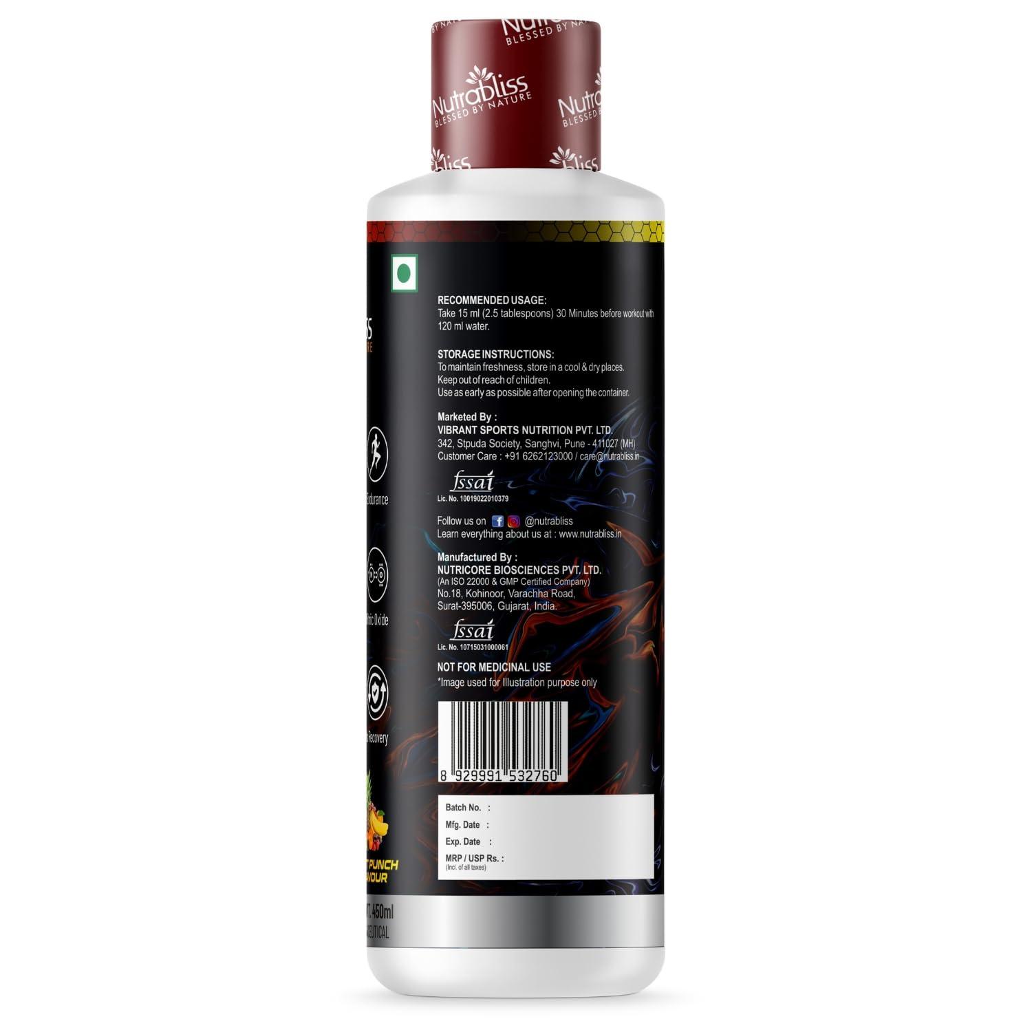 Nutrabliss NUTRABLISS L-Arginine Liquid 4000mg + Citrulline Malate | Improve Athletic Performance, Nitric Oxide Booster and Supports Recovery(450ml, Fruit Punch)