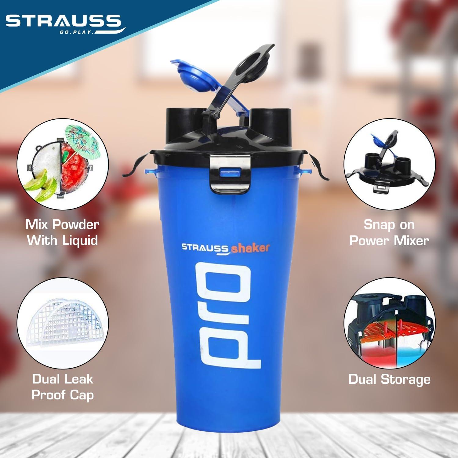 STRAUSS STRAUSS Dual Shaker Pro | Pre & Post Protein Shake On the Go | Leakproof and BPA-Free Material | Dual Shaker Bottle | Protein Shaker Bottle for Gym | Suitable for Both Men and Women, 700ml,(Blue)