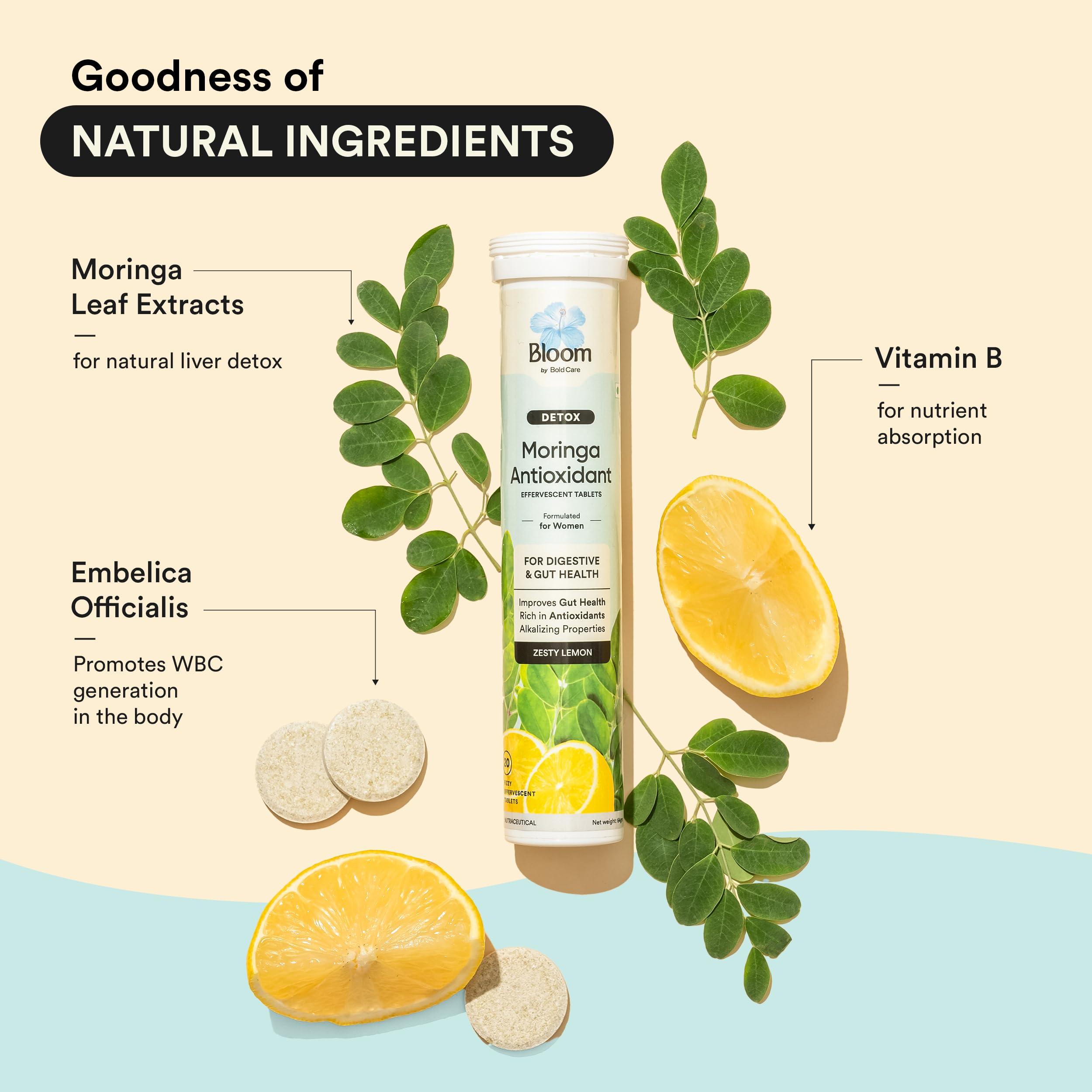Bloom by Boldcare Bloom Moringa Antioxidant Effervescent Tablets | 20 Effervescent Tablets (Pack of 2) | Natural Liver Detox and Gut Health | Infused with Organic Moringa Leaf Powder | Lemon Flavour