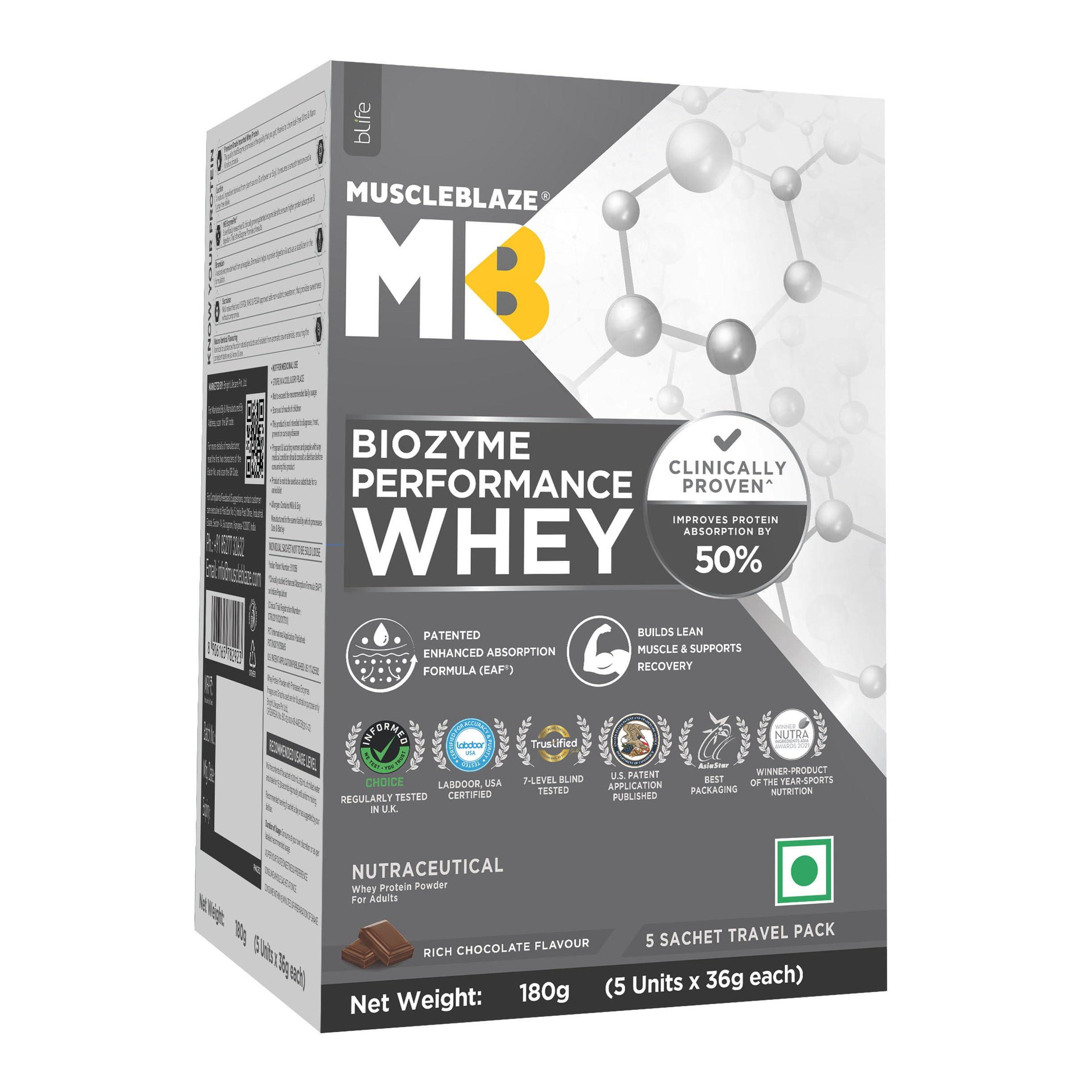 MuscleBlaze MuscleBlaze Biozyme Performance Whey Protein | 5 Sachet Travel Pack (5x36g) | Rich Chocolate | Clinically Tested 50% Higher Protein Absorption, Informed Choice UK Certified & US Patent Published EAF