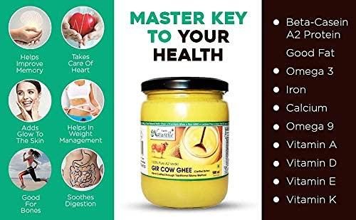 Farm Naturelle Farm Naturelle A2 Pure Gir Cow Ghee 500ml + 50ml Extra In Glass Bottle | Extra Wooden Spoon | 100% Desi Gir Cow Ghee | Vedic Bilona Method-Curd Churned-Golden | Lab Tested Grainy & Aromatic, Keto Friendly | Non-GMO Grassfed, Premium & Traditional Ghe