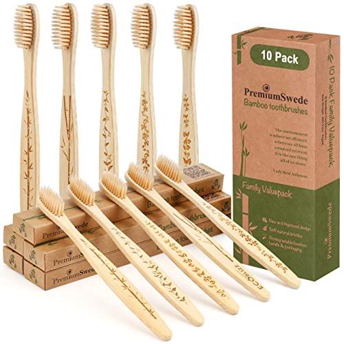Premiumswede Bamboo Toothbrushes Biodegradable Eco Friendly - Natural Wooden Toothbrush with Soft Bristles - for Kids, Adults - Family 10 Pack