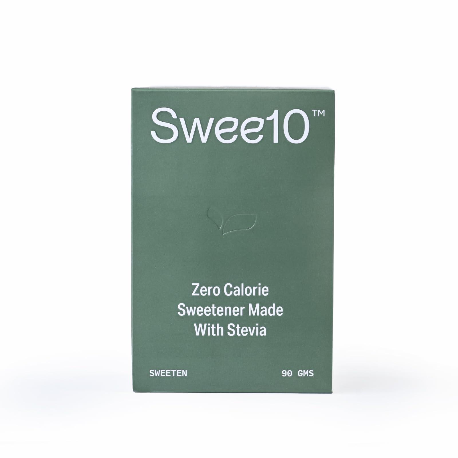 SWEE10 Swee10 Natural Stevia Sweetener - Zero Calorie Sugar Substitute for Low Sugar, Low Carb Diets - Vegan, Non-GMO Powder for Hot & Cold Drinks, Making Coffee & Tea, Cooking & Baking 90g Sachet Box