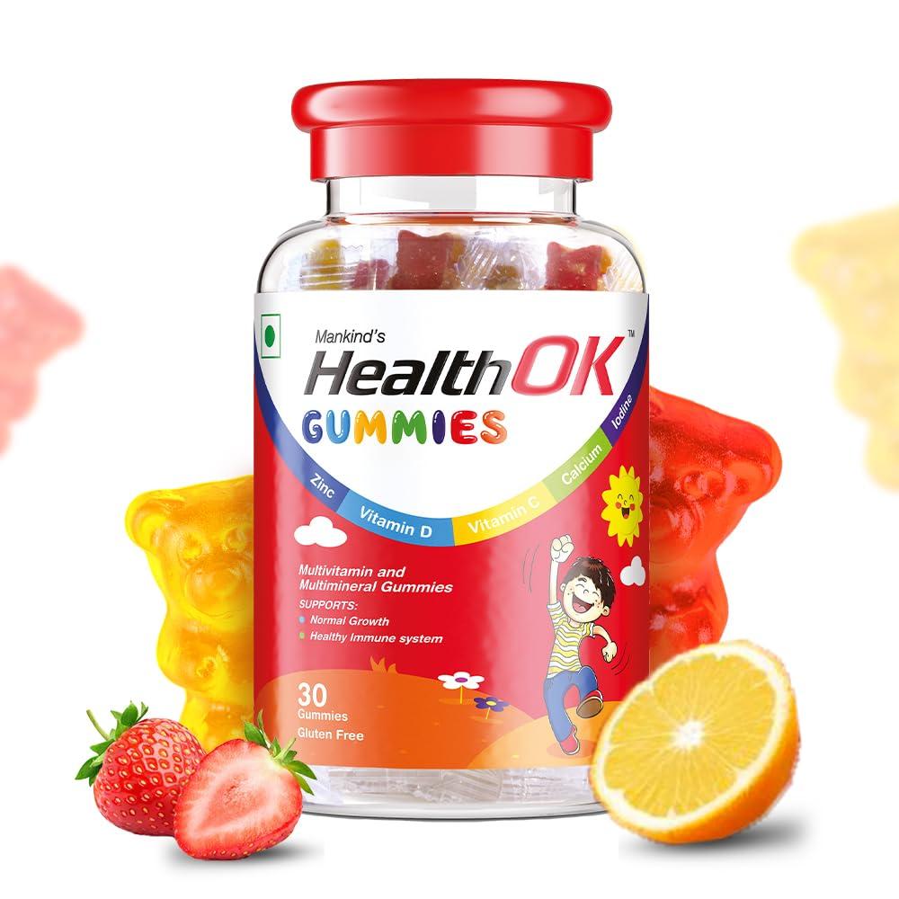Health Ok Mankind Health OK Gummies, Multivitamin and Multimineral for Kids,Bottle of 30 Gummies and Health Ok With Multivitamin, Multimineral and Amino Acids, 30 Tablets