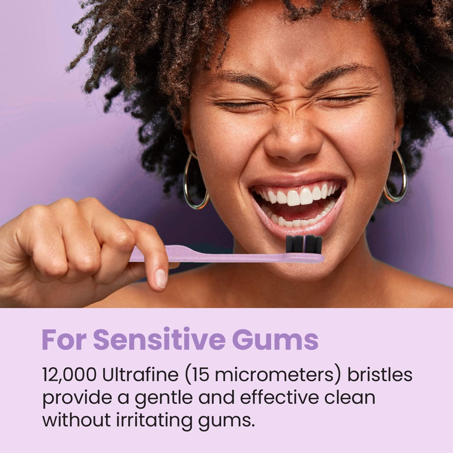 Lindo Lindo EcoCare Polishing Toothbrush - Charcoal Infused Bristles & Biodegradable Handle, for Sensitive Gums and Teeth, 12000+ Ultra Fine Charcoal Infused Bristles, Soft and Gentle, Pack of 4