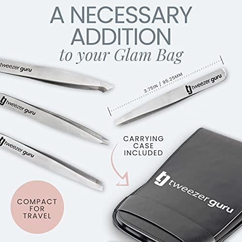 Tweezers Tweezers Set 4-piece - TweezerGuru Stainless Steel Slant Tip and Pointed Eyebrow Tweezer Set - Great Precision for Facial Hair, Ingrown Hair, Splinter, Blackhead and Tick Remover