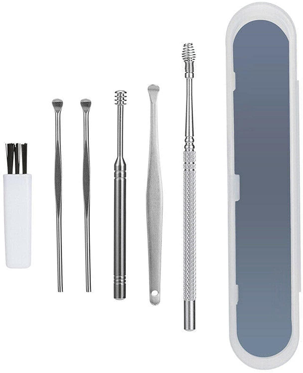 First Try First Try 6 Pieces Earwax Removal Kit with Brush and Storage Box | Stainless Steel Ear Cleaning Machine | Ear Curette Safety Cleaner | Medical Grade | for Adult and Baby (6 Pcs Set)