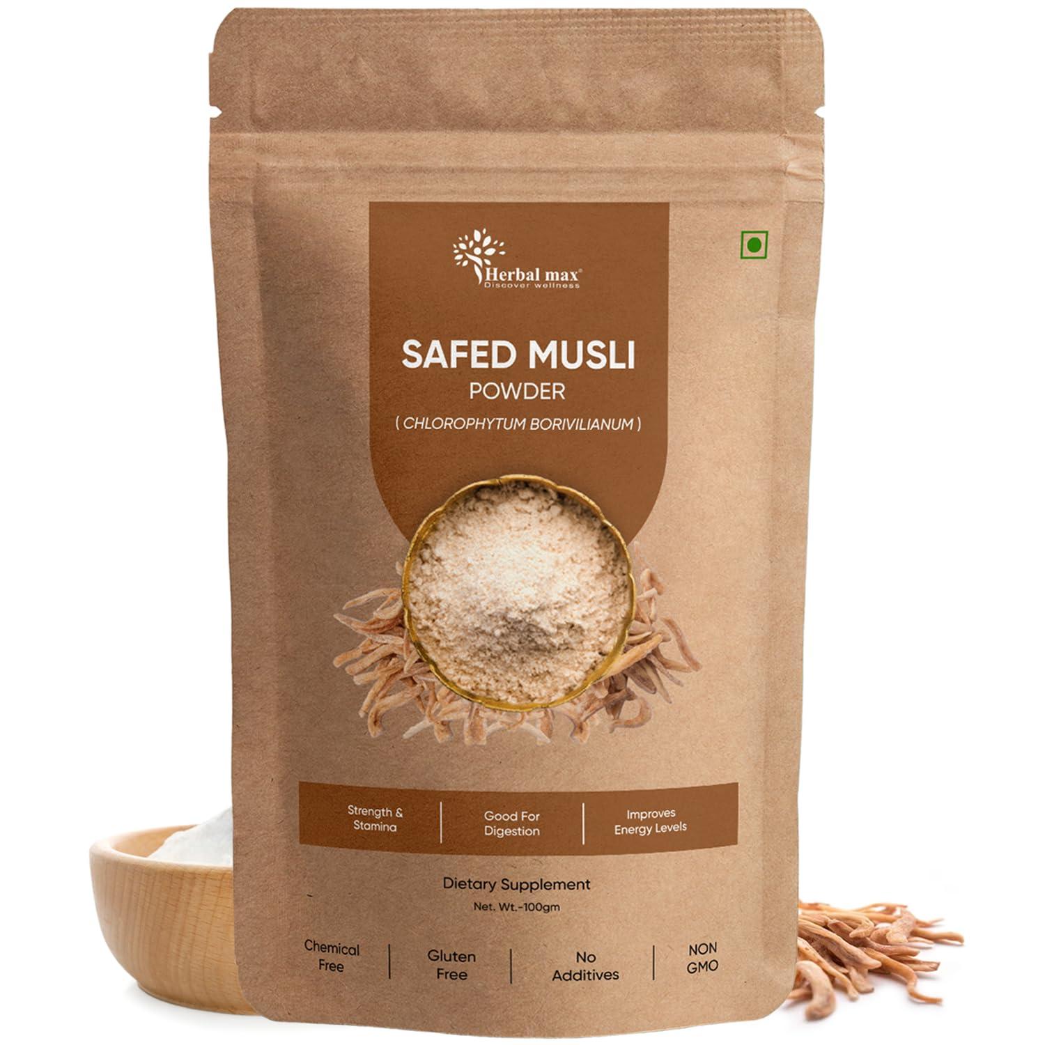 Herbal max Herbal max Organic Safed Musli Root Powder - 100 gm | Ayurvedic Support for Vitality & Performance | Herbal Supplement | Strength & Stamina