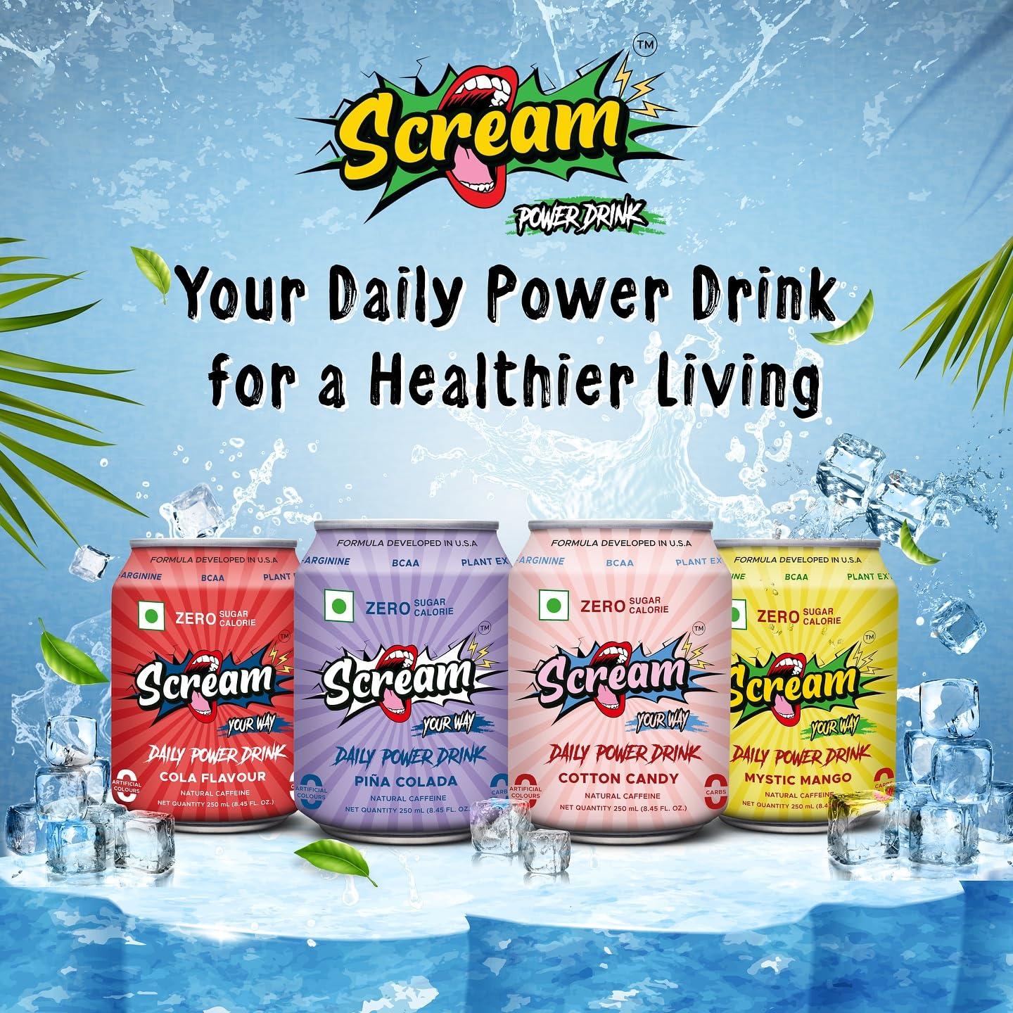 SCREAM YOUR WAY Scream Power Energy Drink: Assorted Flavour, 0 Sugar, 0 Calorie, 0 Carb, 0 Artificial Color Energy Drink with BCAA, Natural Caffeine, Sustained Energy - Pack of 4, 250ml Cans