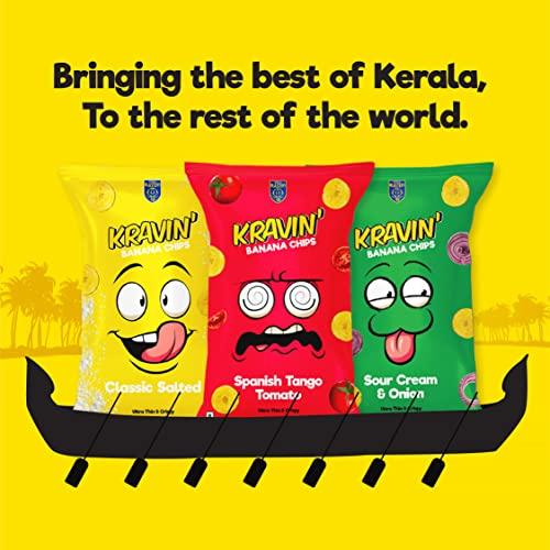 KRAVIN Kravin Party Pack Banana Chips | Ultra-thin & Crispy Banana Chips | Traditional Kerala Flavour | Flavours- Classic Salted, Sour Cream & Onion, Spanish Tango Tomato | Pack of 3 x 100 grams each