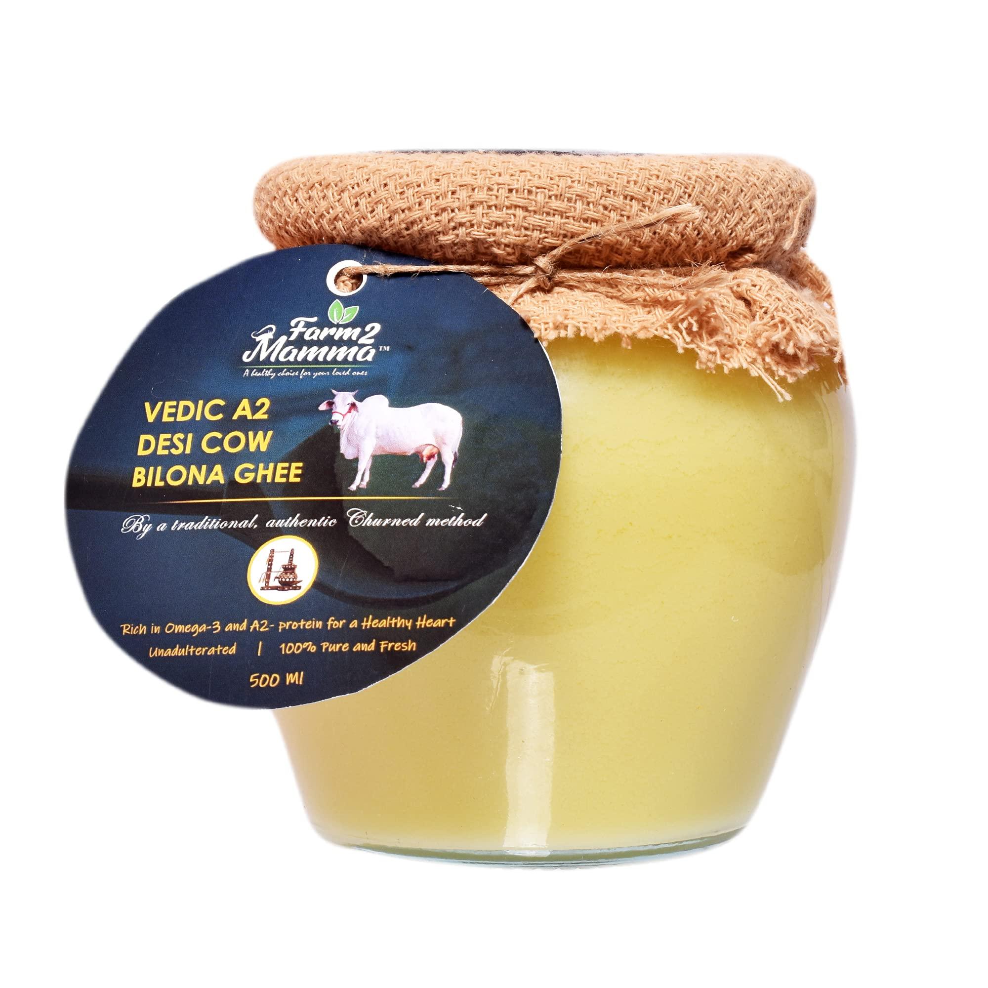 Farm2Mamma Farm2Mamma Vedic A2 Desi Cow Bilona Ghee,500ML, Curd Churned, Authentic Ghee, Pure Natural & Healthy, A2 Certified, Grass Fed Cultured Ghee, Glass Matka Jar