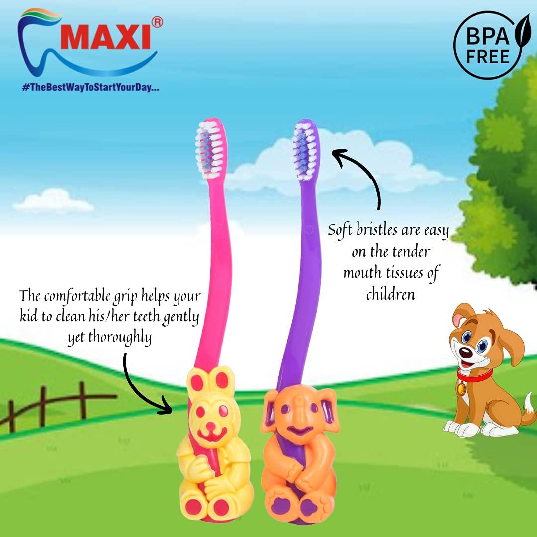 Maxi MAXI Bingo Kids Soft Manual Toothbrush, Unique Animal Shaped Handles To Make Brushing Fun, Pack Of 4,Multicolour