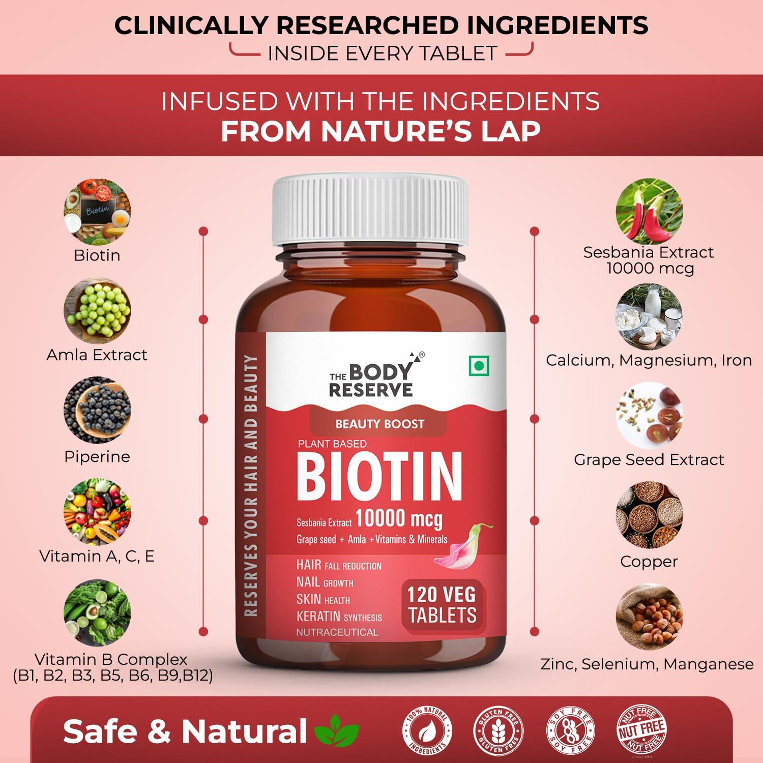 The Body Reserve The Body Reserve Plant Based Biotin Tablets -120 Veg Tablets, Biotin from Sesbania with Amla, Grapeseed & Hair Multivitamins,Nails For Men Women, Pack of 3
