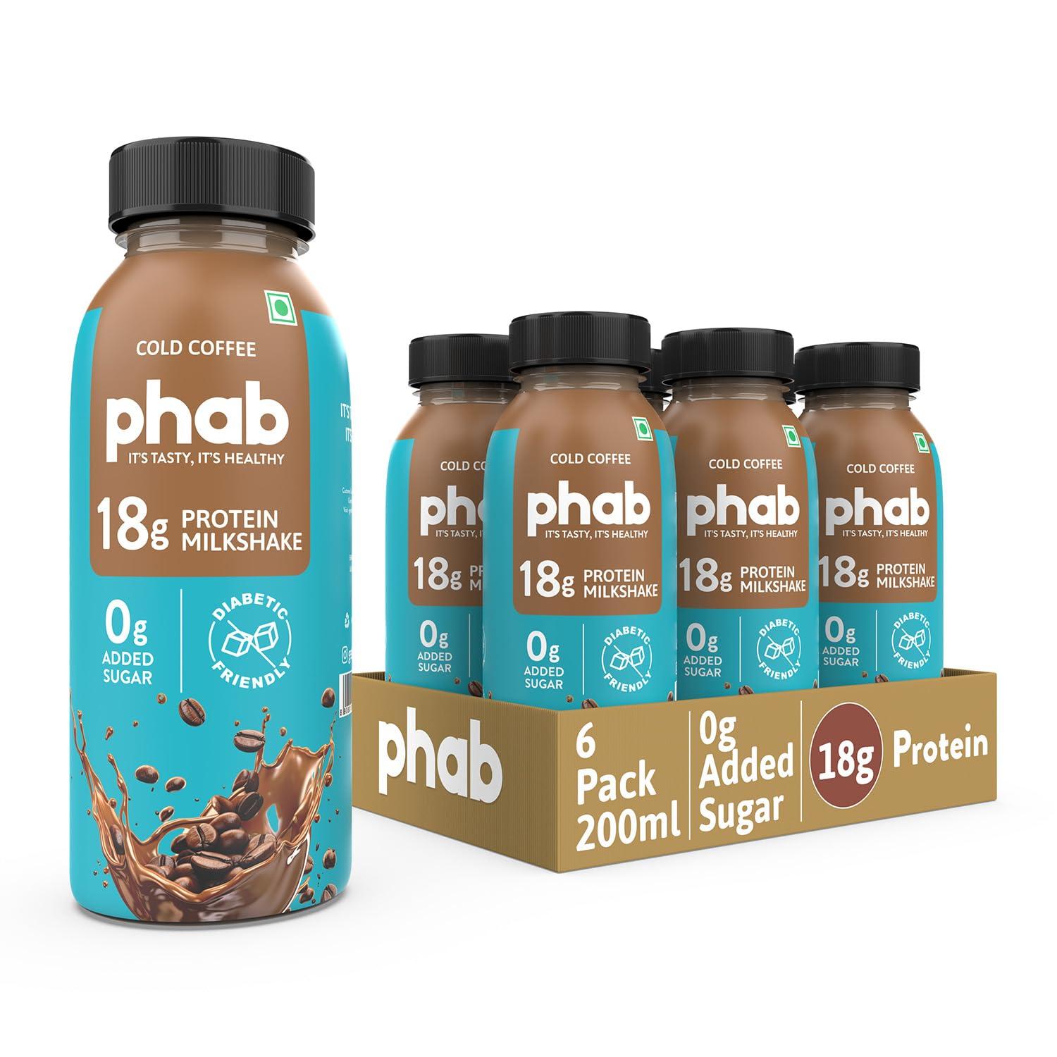 Phab Phab Cold Coffee Protein Milkshakes with 18g Protein & No Added Sugar | Gluten-Free & Gut-Friendly, Trans Fat Free | Rich Source of Fibre & Pre-biotics | Healthy & Delicious Protein Shake (200ml, Pack of 6)