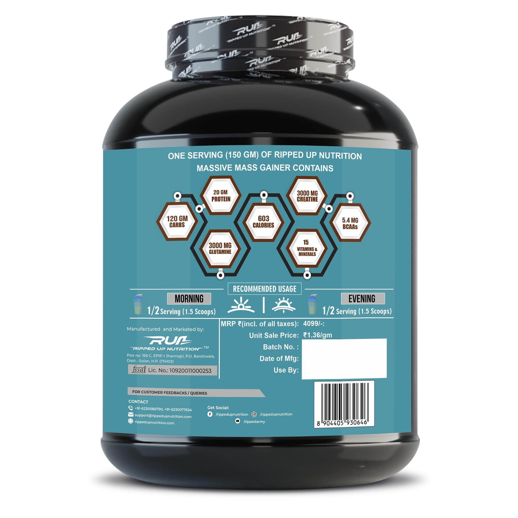 Ripped Up Nutrition Ripped Up Nutrition Massive Mass Gainer 2.72 kg- Gain More Muscle Size & Sturdy Physique with a High-Calorie Formula- Dark Chocolate Flavour