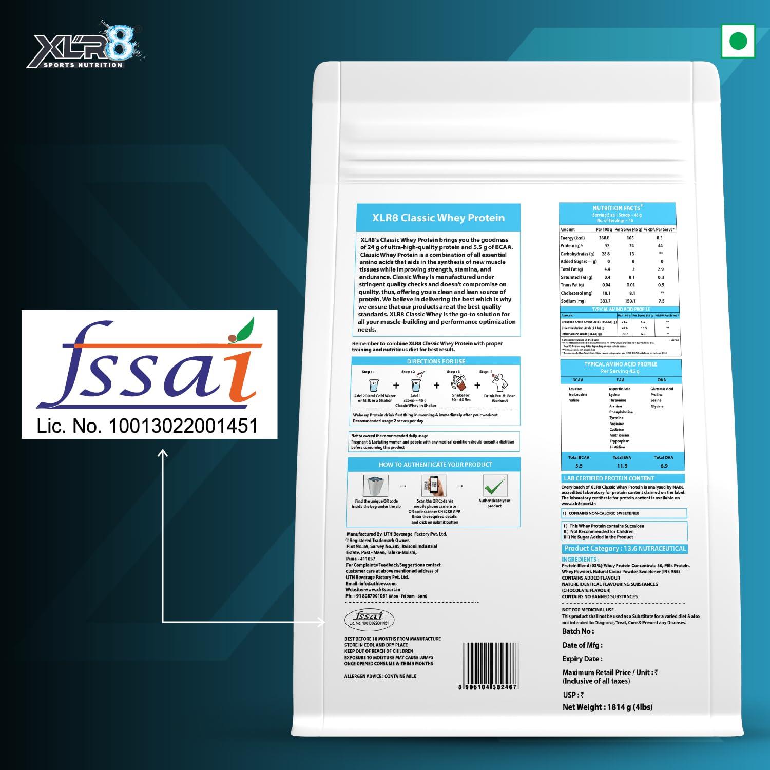 XLR8 XLR8 Classic Whey Protein Powder, 24 g Protein, 5.5 BCAA, No Maltodextrin (1814 g (Pack of 1), Double Chocolate)