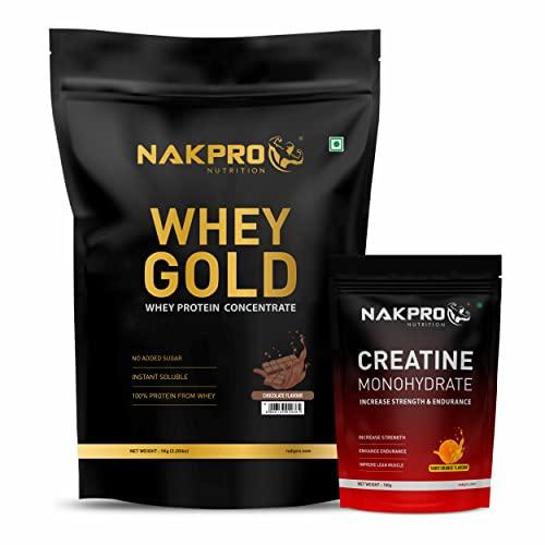 NAKPRO Nakpro Gold 100% Whey Protein Concentrate, 1 Kg Chocolate with 100g Creatine - Tangy Orange | Easy Mixing, Low Carbs, Easy Digesting Whey Protein Supplement Powder (Combo Pack)