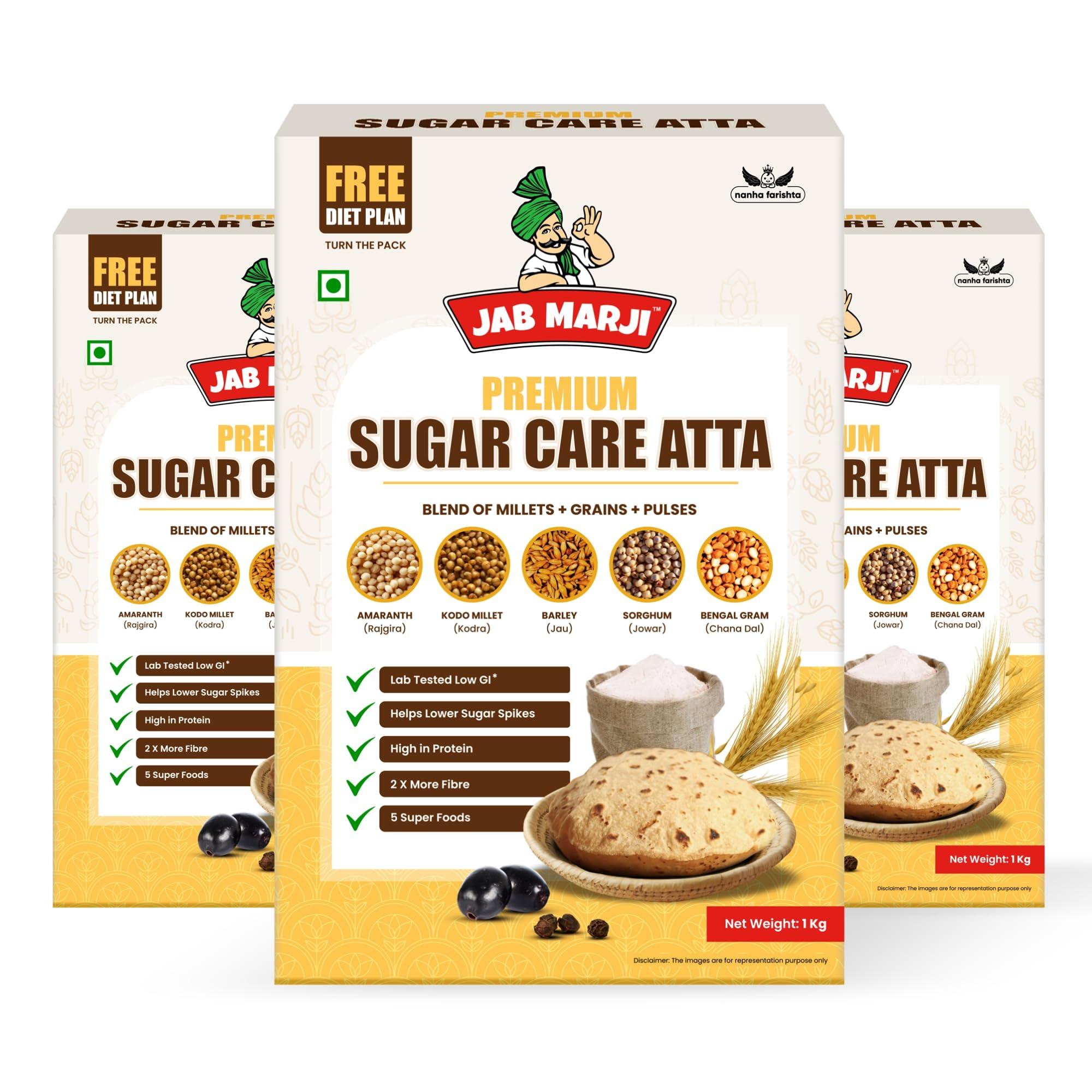 JAB MARJI Jab Marji Sugar Care Atta for Diabetes 3 kg | 80% Millets | Low GI Flour | Jowar, Barley, Chana Dal, Amaranth, Kodo | Sugar Control Multigrain Atta | Weight Loss Flour | Rich in Iron, Calcium, Protein & Fibre