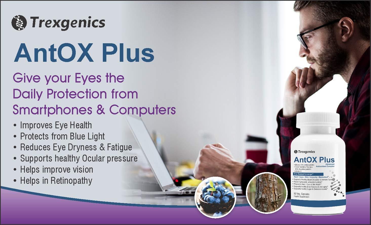 Trexgenics Trexgenics ANTOX PLUS Bilberry 25% 200 mg, Pine bark 90% 200 mg & Vitamin C Advanced Antioxidant complex, Heart, Eyes, Skin, Immunity, Metabolism (60 Vcaps) (1)