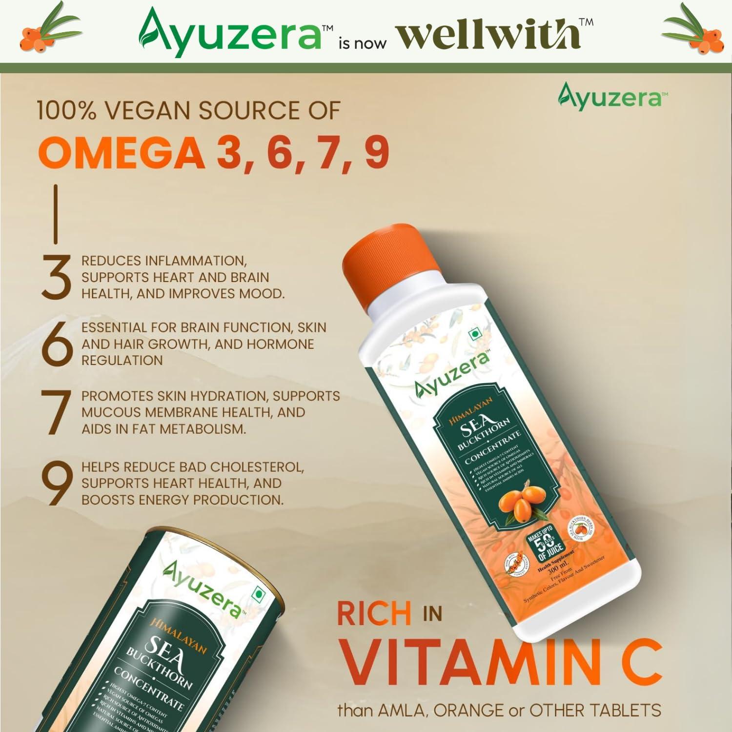 Ayuzera Ayuzera Himalayan Sea Buckthorn Pulp Concentrate 300ml | Liquid Supplements | Makes up to 50 Glass Juice (Rich in Vitamin C) | Lab Tested | Omega 3, 6, 7, and 9, and Antioxidants | (1)