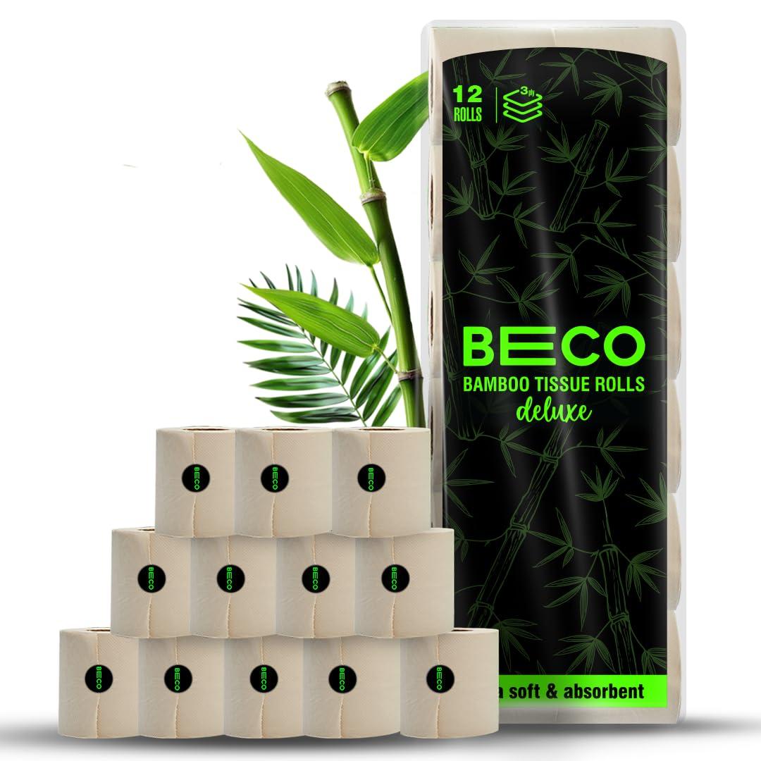 Beco Beco Toilet Tissue Rolls | 3-ply, 1920 Pulls (160 x 12 Rolls) | Tissue Paper Roll, Toilet Paper Roll - Eco Friendly, Soft & Highly Absorbent, 100% Natural Bamboo, Chemical-Free, Hypoallergenic