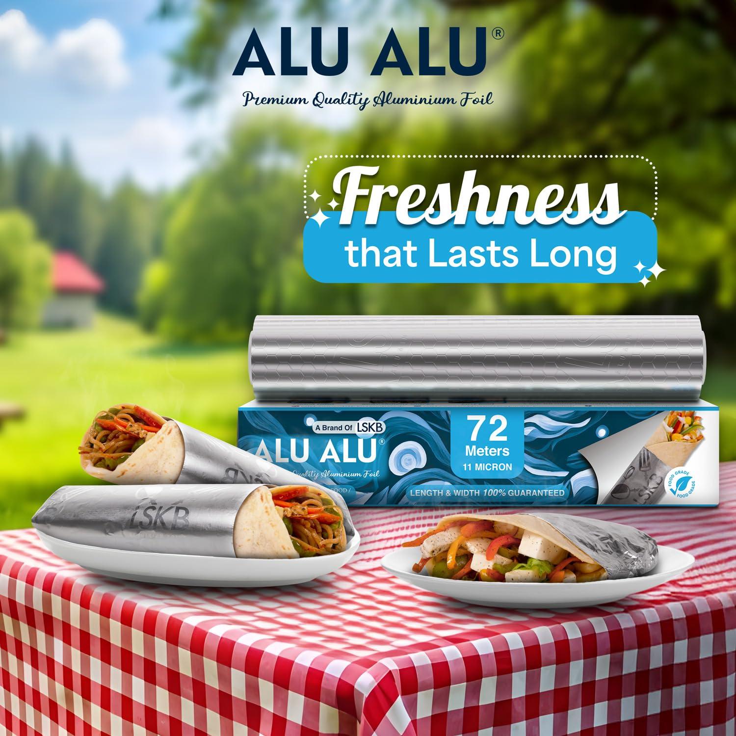 ALUALU ALU ALU 72 Meters Aluminium Foil, 11 Micron Thickness, Premium Quality, Keeps Food Fresh Always, Perfect for Food Wrapping, Packing, Storing and Serving