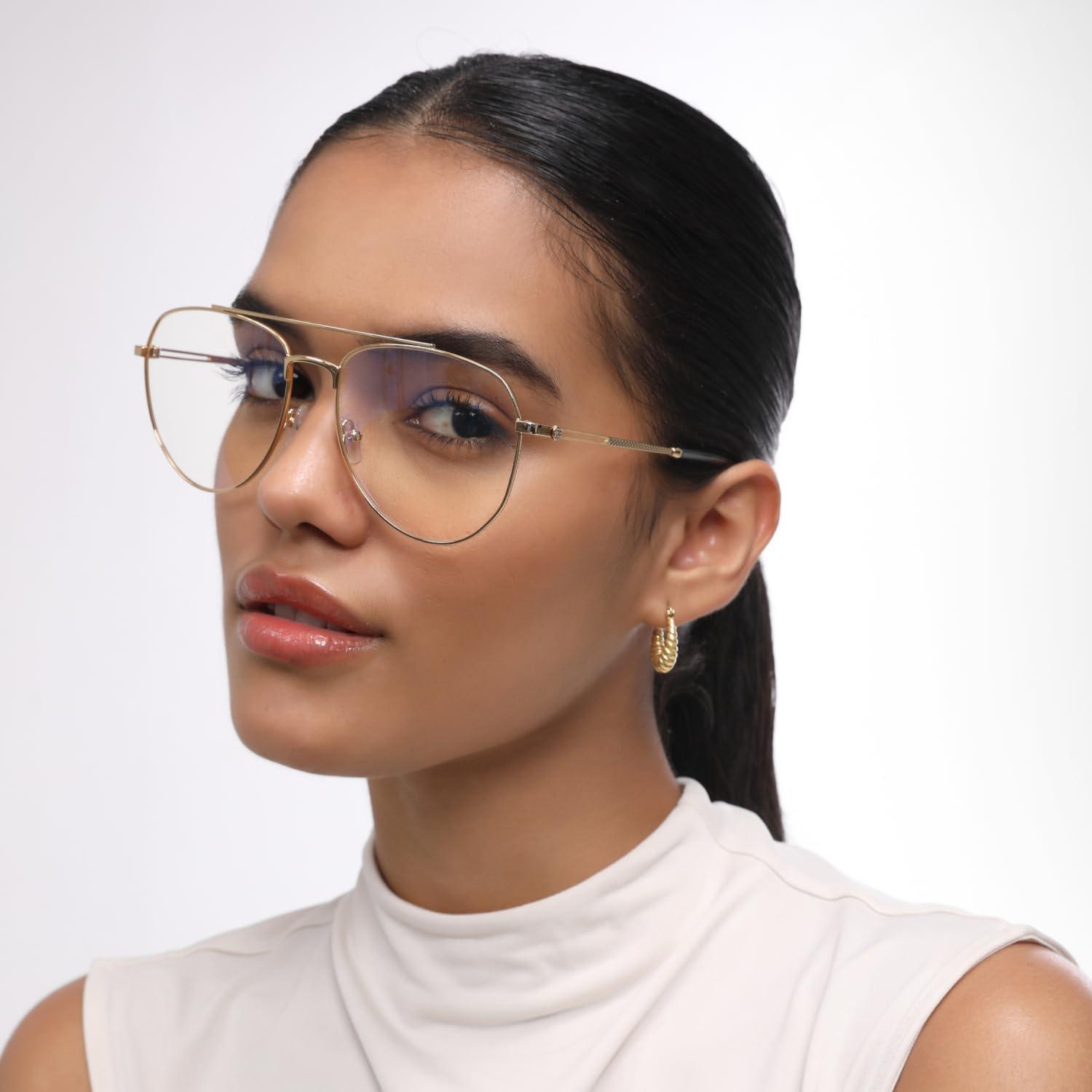John Jacobs John Jacobs | Blue Cut & Antiglare Zero Power Computer Eyeglasses | Urban Elegance | Gold Full Rim Teardrop Shape | For Men & Women | Extra Wide | JJ E17072