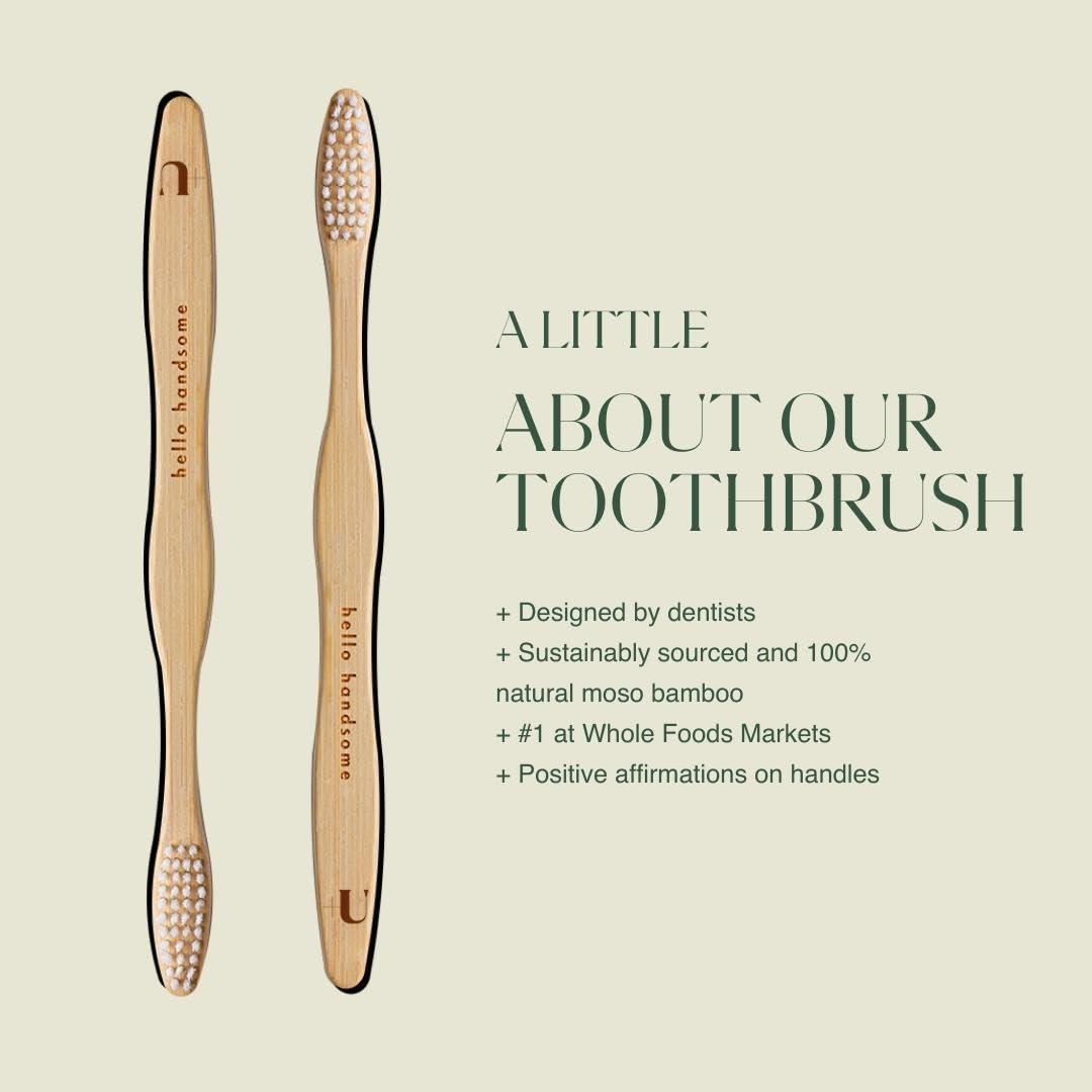 Plus Ultra PLUS ULTRA Adult Size Bamboo Toothbrush\"Hello Handsome\" with Soft, Wave-Shaped, BPA Free Nylon Bristles and Plant Based, Natural, Biodegradable Handle