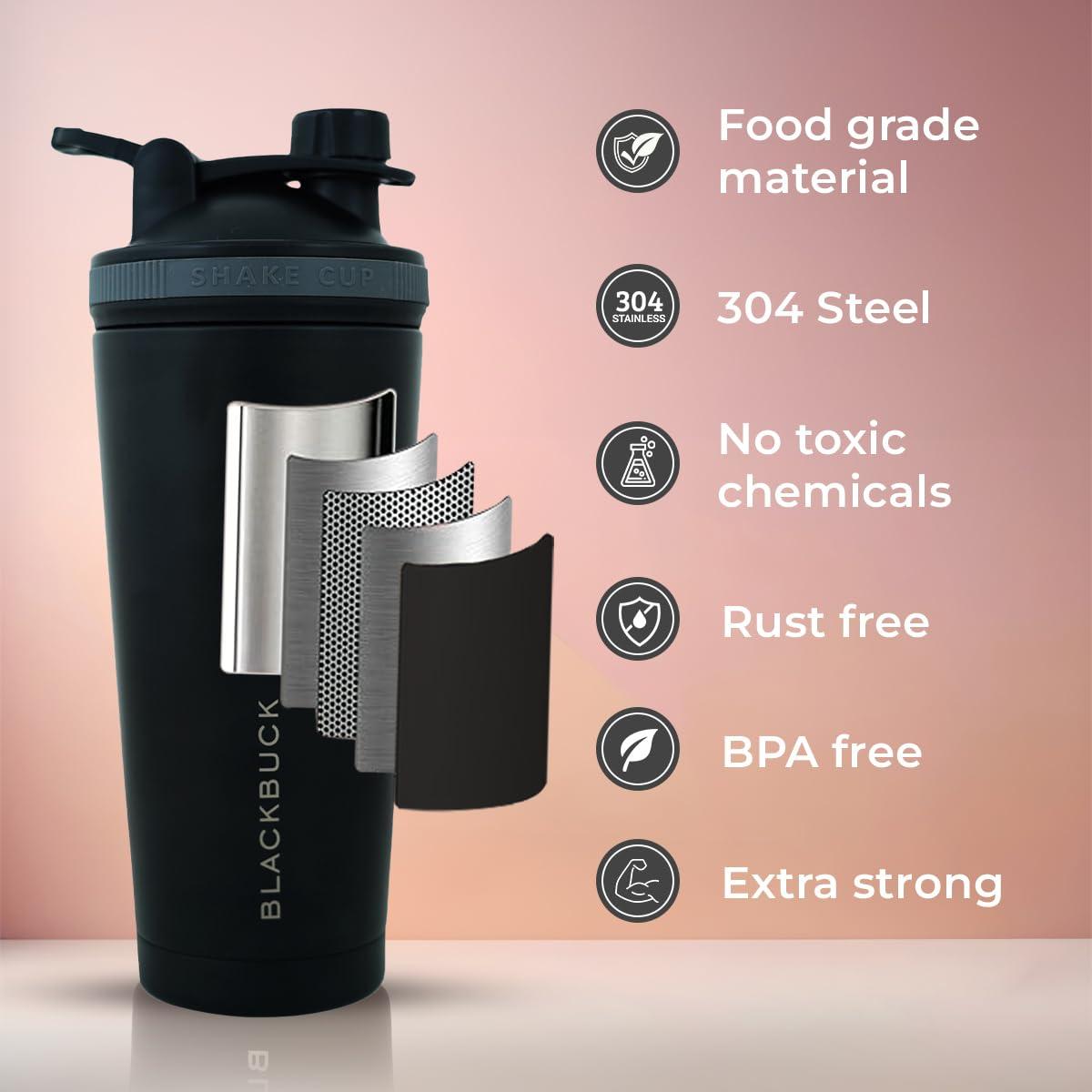 BLACKBUCK BLACKBUCK Shaker Pro: Insulated Stainless Steel Shaker With Noise Proof Technology, Superior Shake Without Leaks, Best For Pre Workout Shakes And Protein Mixes (Charcoal Black), 750 Ml