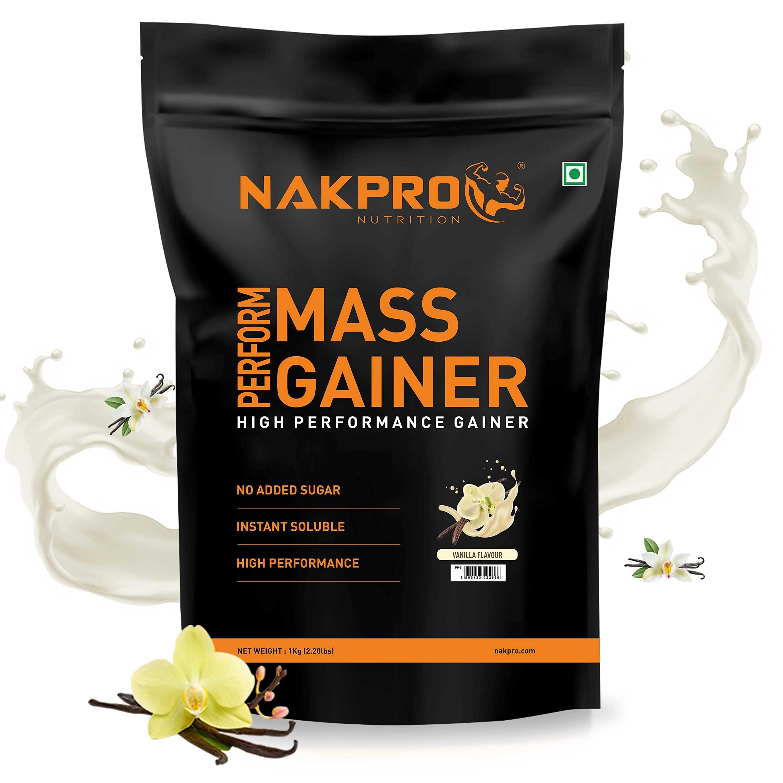 NAKPRO NAKPRO PERFORM MASS GAINER | High Protein & High Calorie | 15g Protein, 3.3g BCAA | Added Vitamins & Minerals | Easy Mixing, Easy Digesting Mass Gainer Powder for Men & Women | 1 Kg Vanilla Flavour (10 Servings)