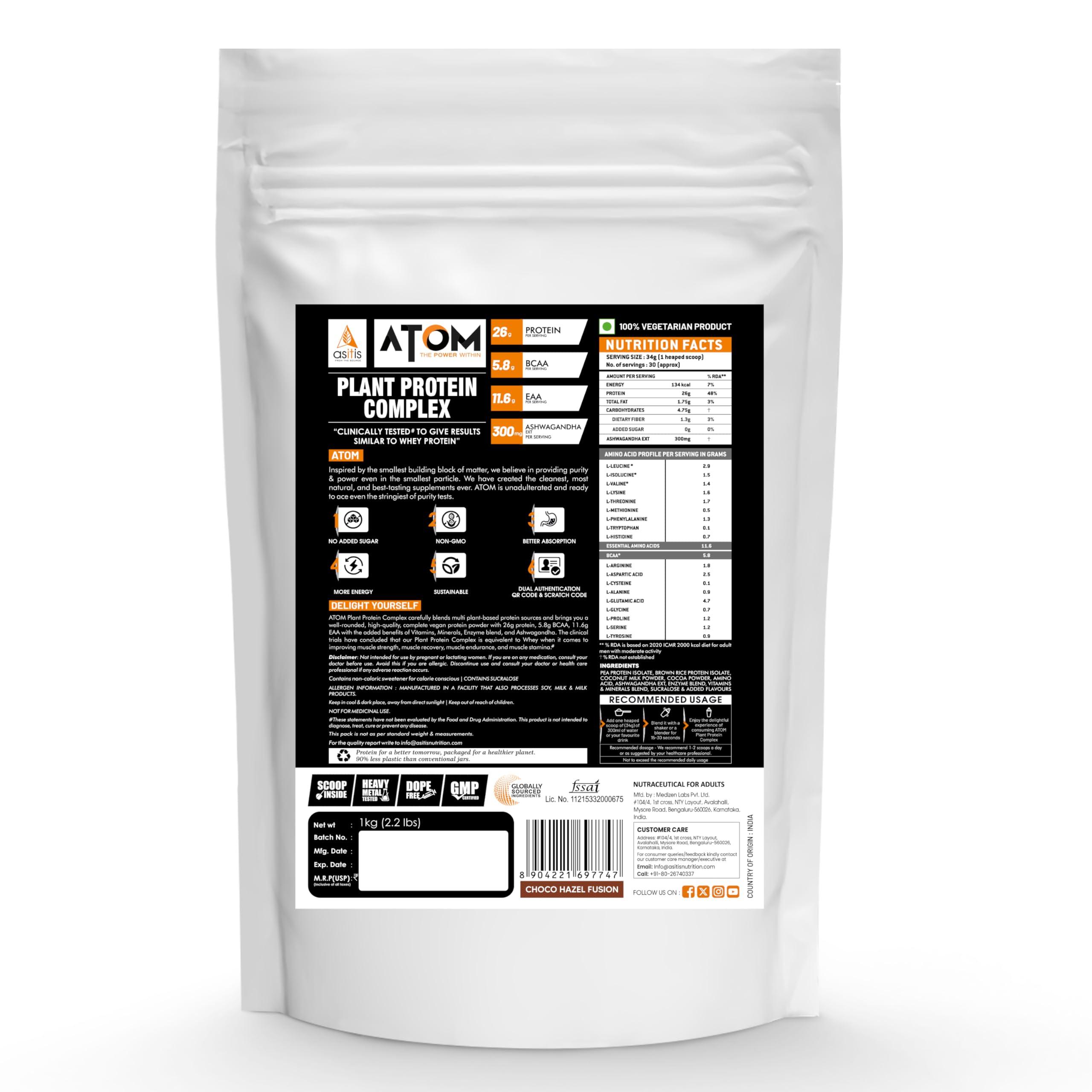 Asitis Nutrition Asitis Nutrition ATOM Plant Protein 1kg | 25g Protein | Amino Profile similar to Whey | Easy to Digest | Vegan