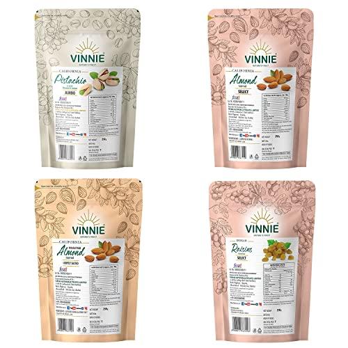 Vinnie Vinnie Nuts Premium Healthy Dry Fruits Nuts Combo Pack 1 kg - Pista Inshell, Green Raisins, Plain Almond and Roasted Almond Kernel - Pack of 4 (250Gm x 4)