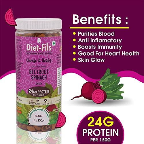 Diet-Fils Diet-Fils Beetroot Spinach Snack Enriched with Pea Protein Cheese & Herbs Combo | Gluten Free | 24G Protein Per Pack | ZERO Transfat | Healthy Roasted Tasty Snacks | Combo 150 gm x 3