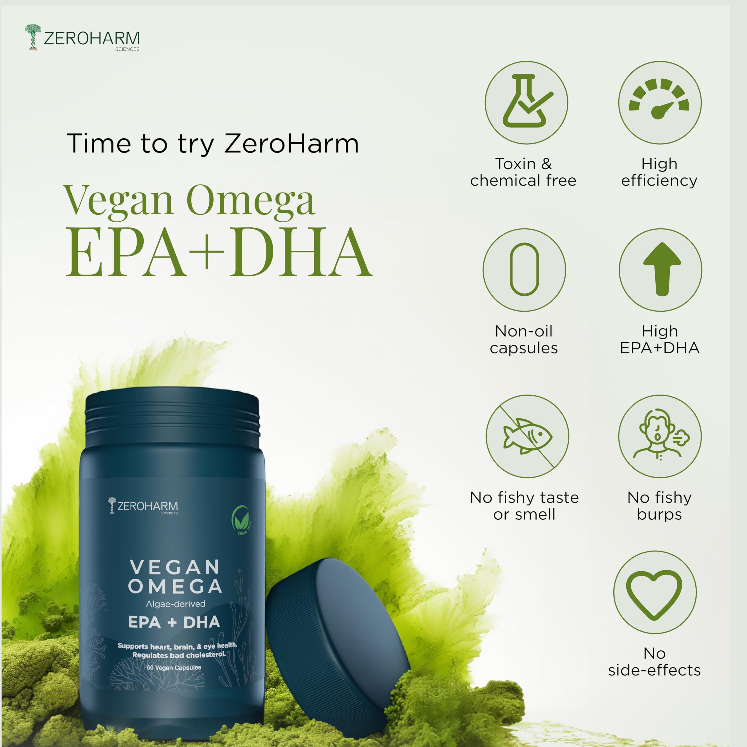 ZEROHARM ZEROHARM Vegan Omega (EPA+DHA) | Supplement for men, women, and kids | Better health for the eyes, skin, muscles, bones, and joints | Sourced from algae | 60 Caps