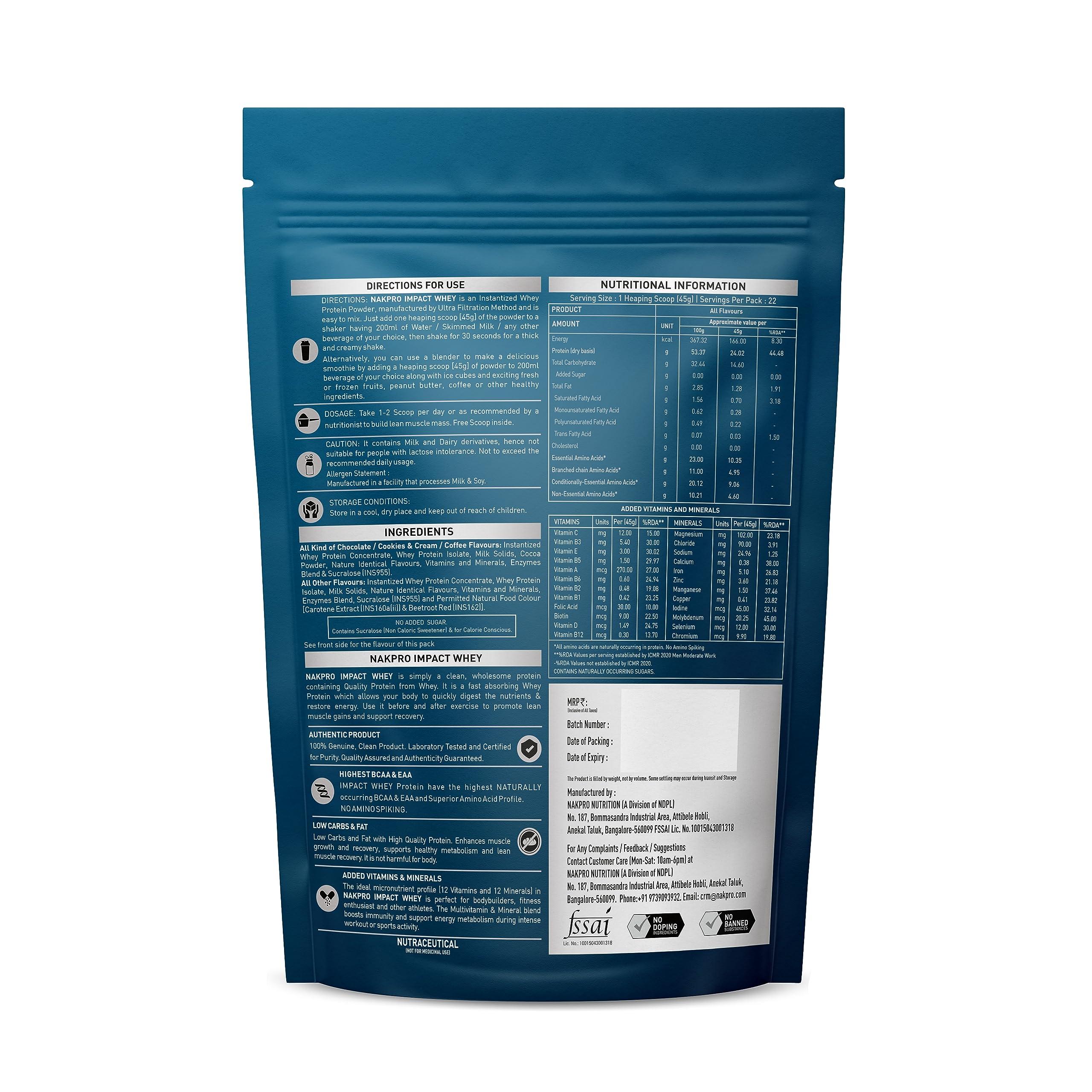 NAKPRO NAKPRO Impact Whey Protein 1kg, Double Rich Chocolate | Isolate & Concentrate | 24g Protein & 4.9g BCAA | NAKPRO Micronised Creatine Monohydrate Powder, 3g Creatine/Serve (100g, Unflavoured) Combo