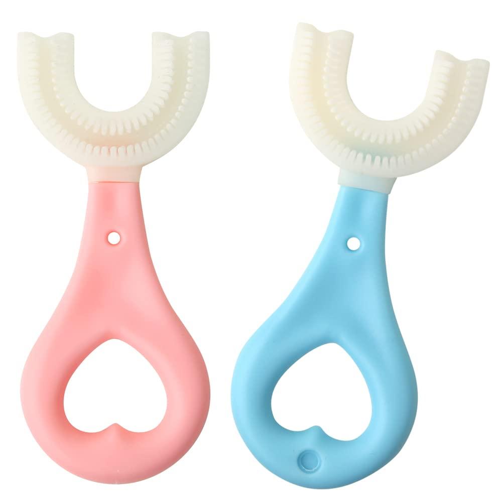 Fiecco Kids U Shaped Toothbrush 2 Pack U Shaped Toothbrush Kids 360 U-Shaped Tooth Brush with Soft Silicone Brush Head Whole Mouth Toothbrush for Toddlers and Children Ages 2-6 Years