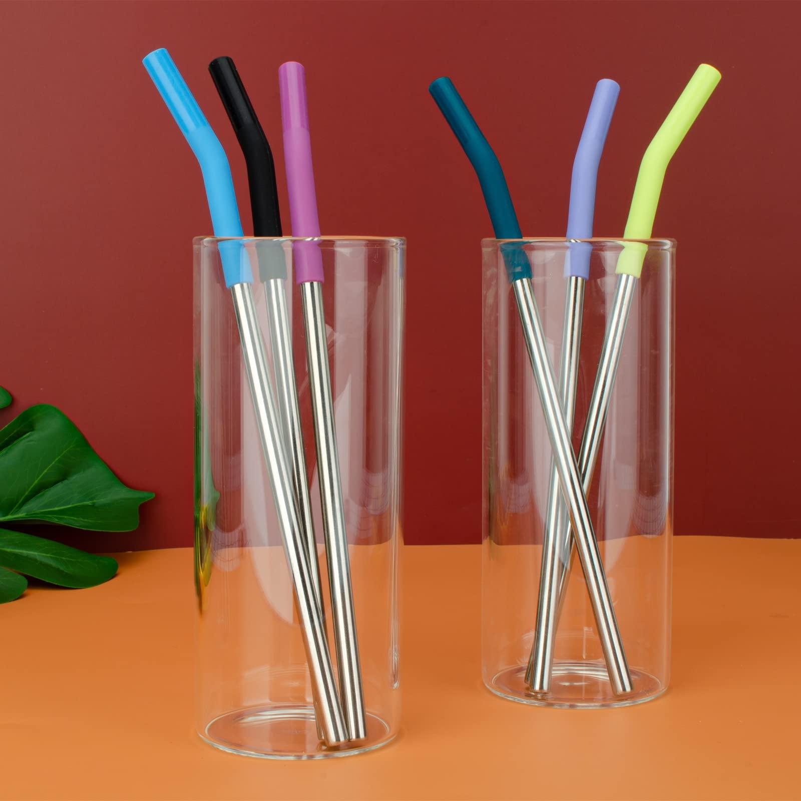 Zenbo Set of 6 Stainless Steel Reusable Metal Straws with Silicone Flex Tips Elbows Cover, 6 Steel Straws,6 Silicone Tips,1 Straw Cleaning Brush