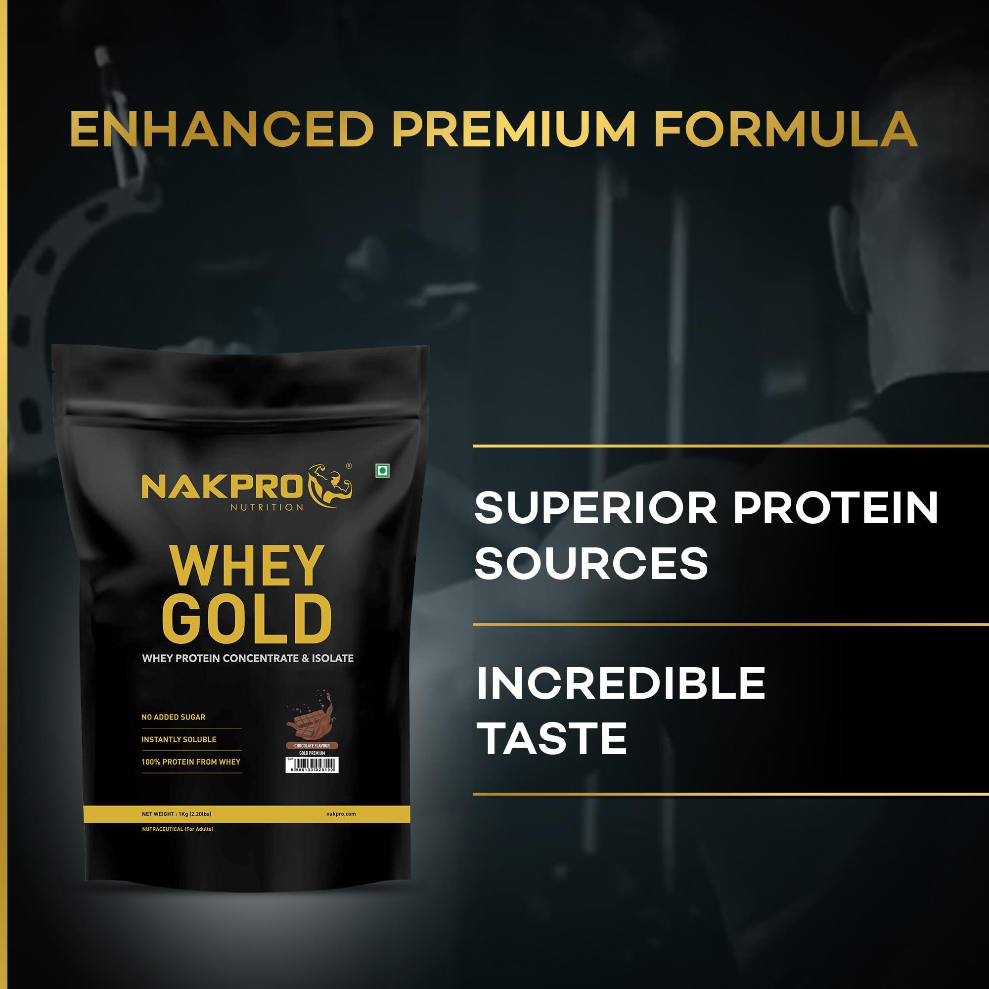 NAKPRO NAKPRO Gold Premium Whey Protein 1kg Chocolate | Isolate & Concentrate, 27g Protein, 6g BCAA | 100% Authentic Supplement Powder & No Adulteration | Fast Absorbing Whey Protein Powder