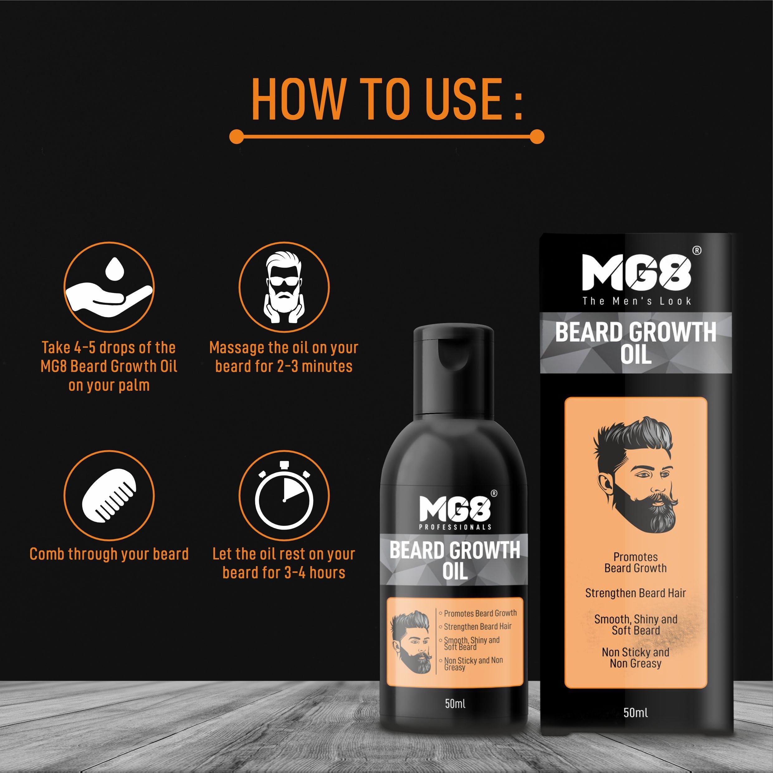 MG8 MG8 Beard Oil For Men Fast Growth | Promotes Beard Growth, Repairs Damaged Hair, Strengthen Beard Hair, Smooth, Shiny & Soft Beard, Non Sticky & Non Greasy Beard Growth Oil 50 Ml
