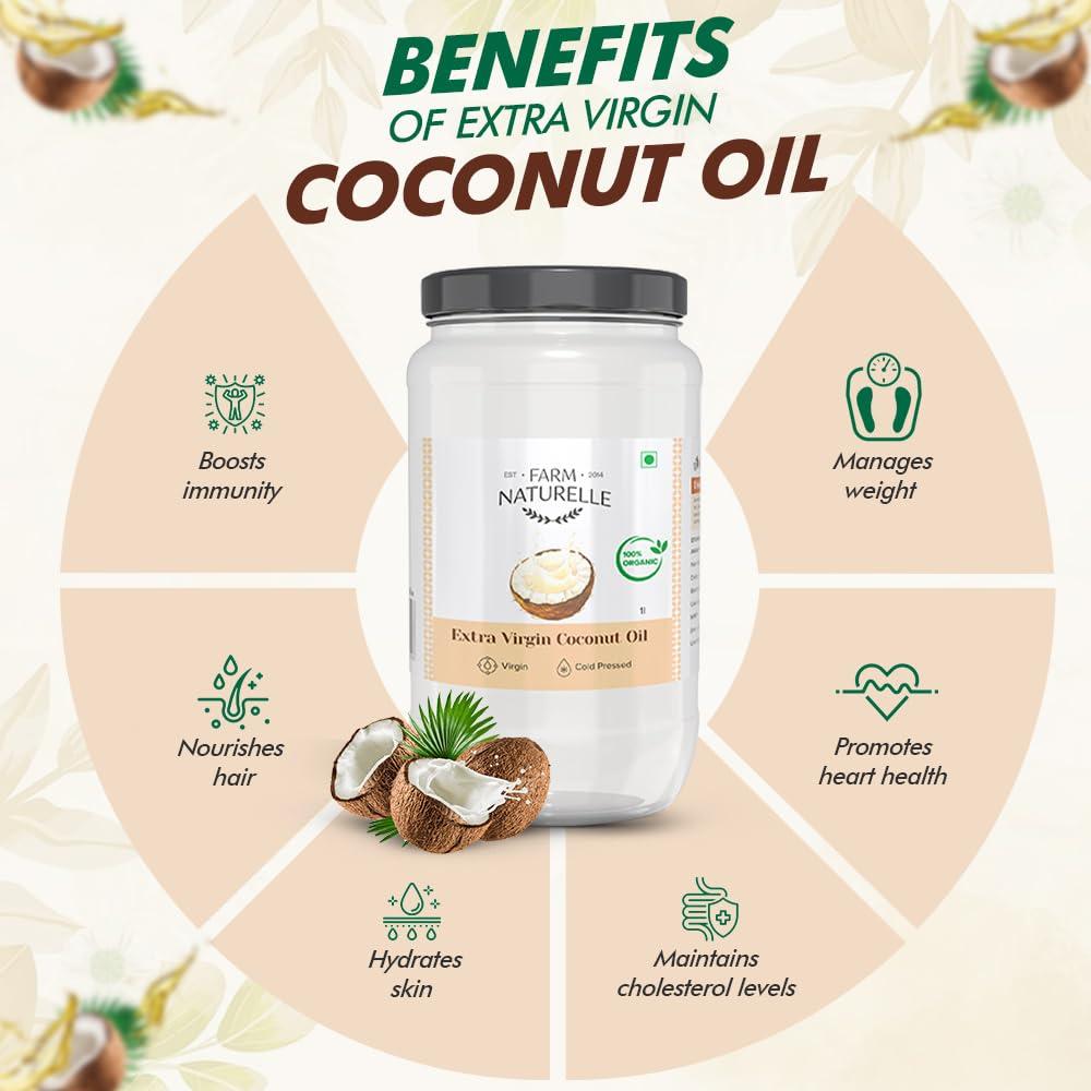 Farm Naturelle Farm Naturelle - 2 Ltr Organic Extra Virgin Cold Pressed Coconut Oil | 100% Pure Organic & Edible Cooking Oil | For Cooking, Help Skin & Hair Health, Oil Pulling (Pet Bottle)