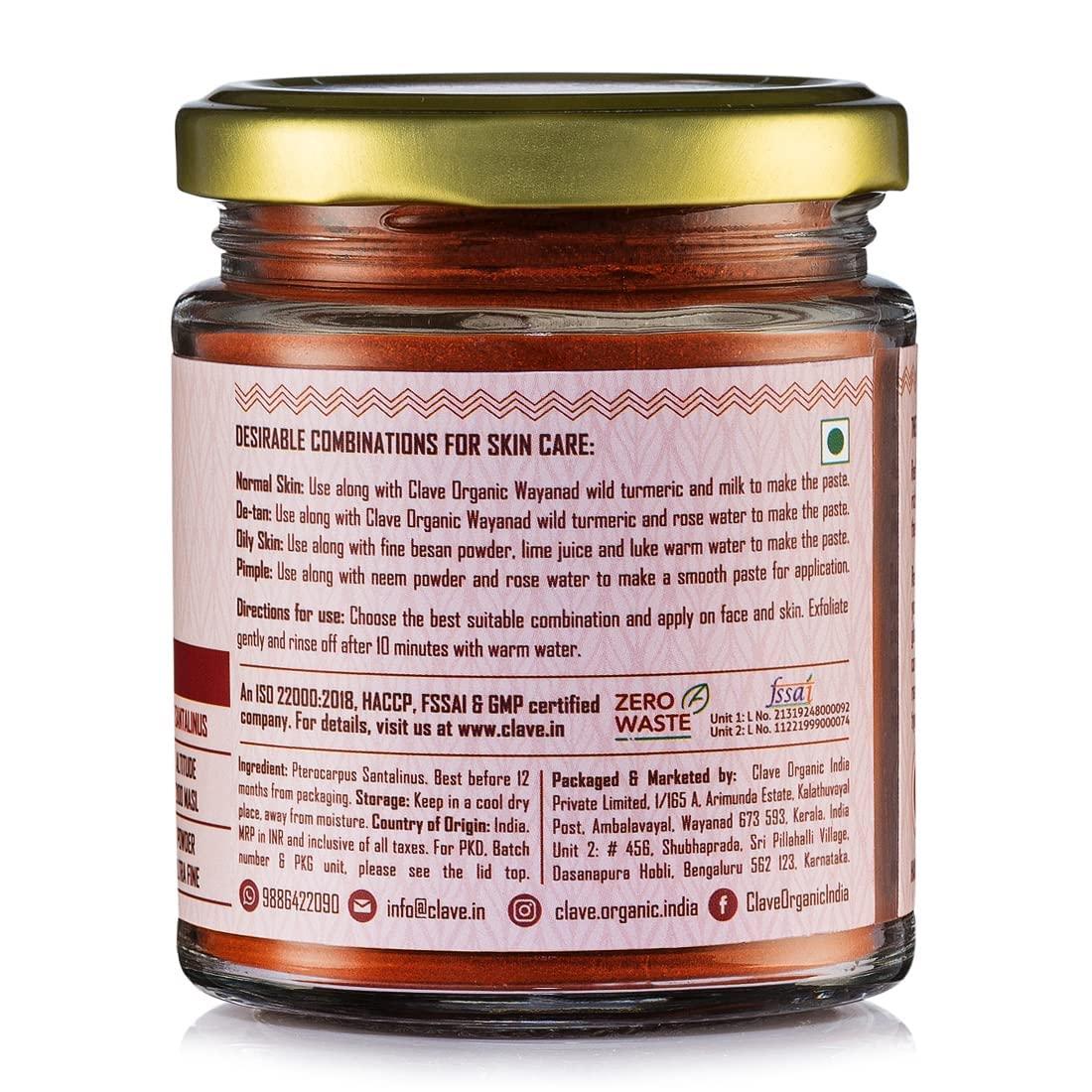 Clave Organic India Private Limited Clave Organic India Private Limited Vegan No Chemicals Red Sandalwood Powder for Soothing,Exfoliating (Raktha Chandan ) from Wayanad - Kerala in Eco-Friendly Glass Jar, 100 g