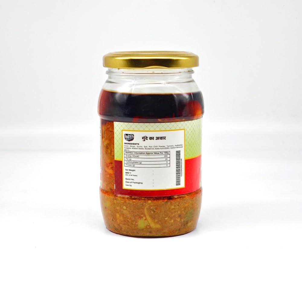 Indra\'s Delicacy Indra\'s Delicacy Gunda Pickle - 400 Grams | Khatta-Meetha Gunda Achaar | Hot, Tangy, Sour, & Spicy Gunda Pickle | Achaar | Homemade spicy Green Gunda Pickle | No Artificial Preservatives & Colors
