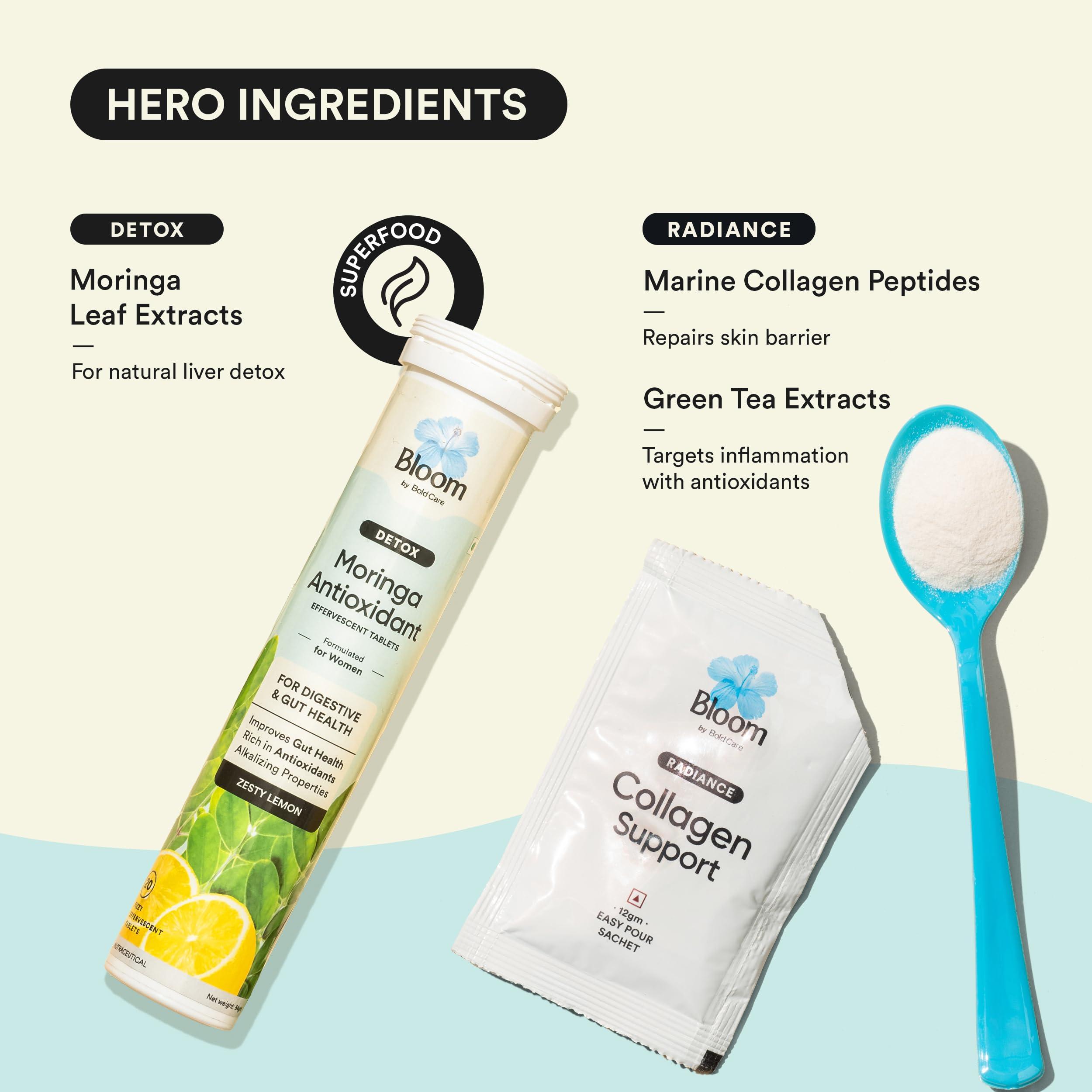 Bloom by Boldcare Bloom Moringa Antioxidants & Collagen+Antioxidants Combo | 20 Effervescent Tablets+30 Easy Pour Sachets | For Improved Digestion, Skin & Hair Health | Manages Inflammation & Wrinkles