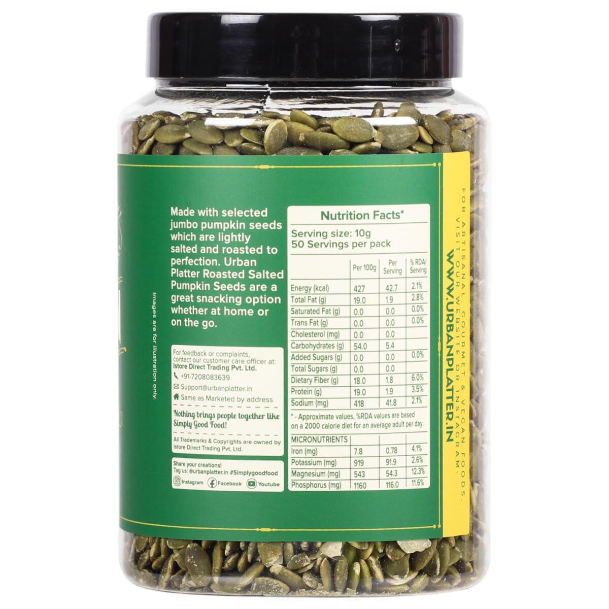urban platter Urban Platter Roasted & Salted Pumpkin Seeds, 1Kg [Pack of 2 - 500g] (Use in Salads, Trail Mixes, Baked Goods, Granola Bars, Desserts | Source of Protein & Fibre | Keto Diet Friendly | Immunity Booster | Pepitas Seed | Healthy Superfood Snack)