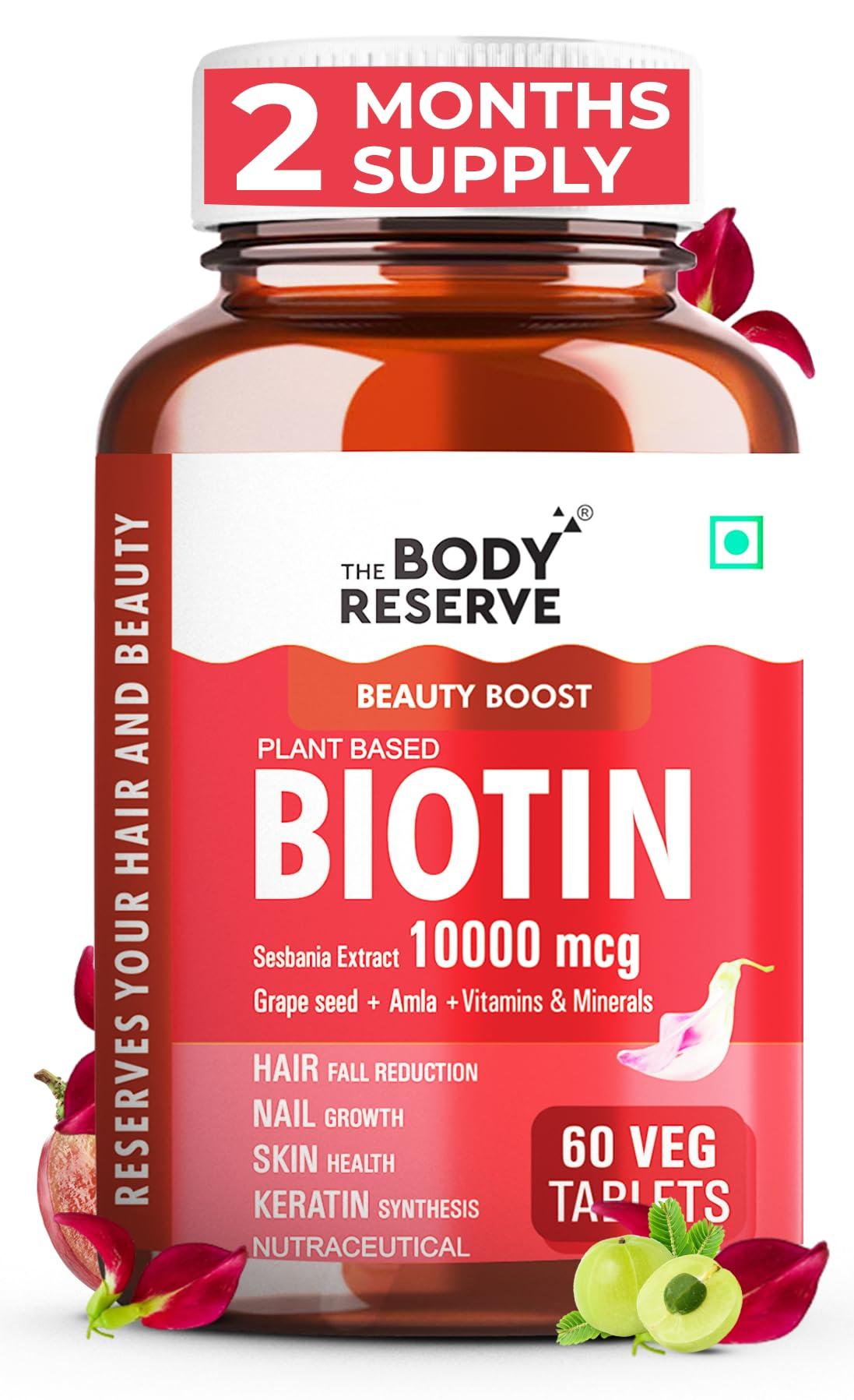 The Body Reserve The Body Reserve Plant-Based Biotin Tablets - 60 Veg Tablets, Biotin from Sesbania Extract with Amla & Grapeseed - Supports Hair, Skin, and Nails - For Men & Women