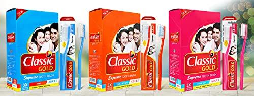 Classic gold Classic Gold Supreme Super Soft Manual Toothbrush For Adults Pack Of 12 With New Anti Bacterial Crystal Clear Cap And Also Premium Dupont Bristles