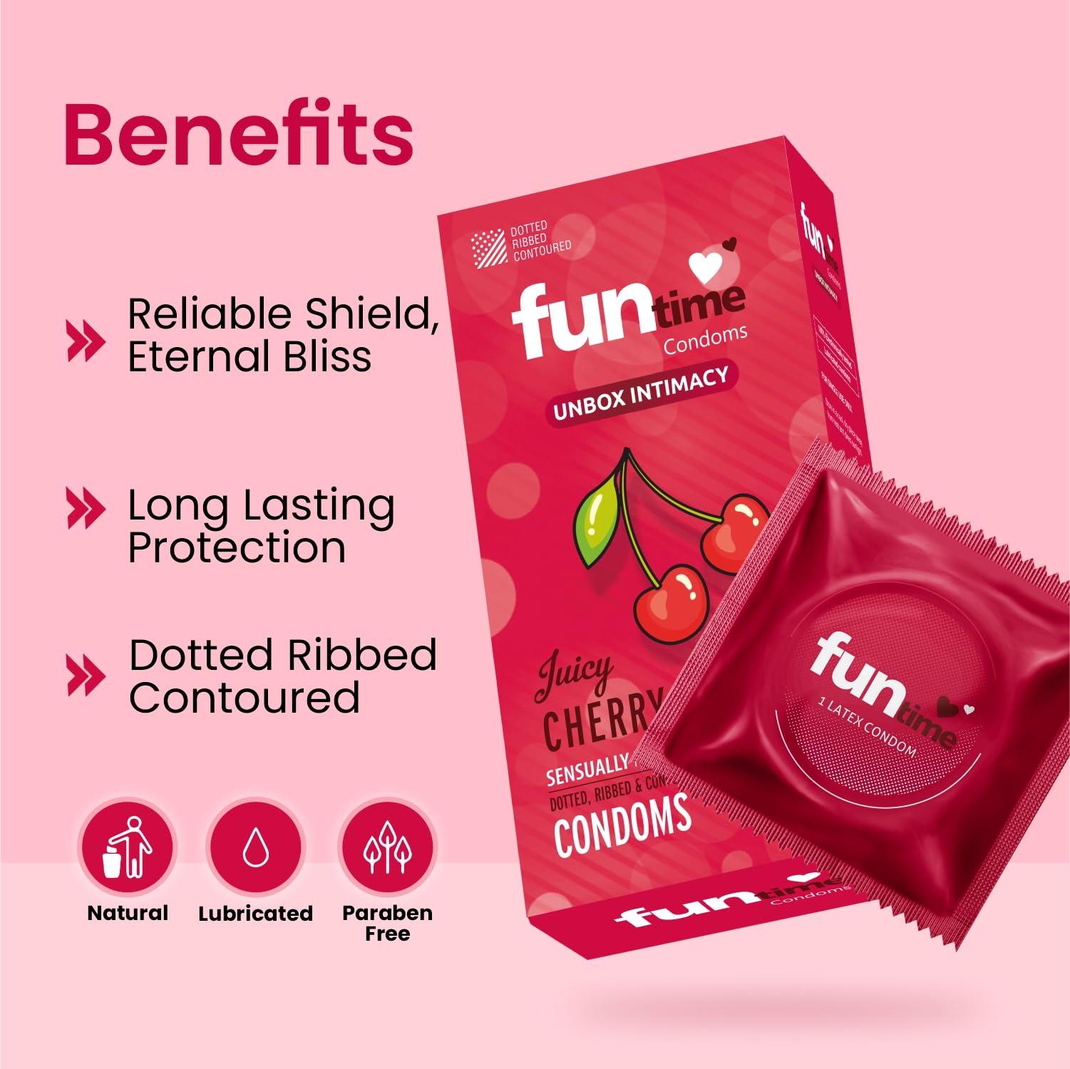 FUNTIME Funtime Dotted Condoms with Juicy Cherry Flavor  Ribbed & Contoured for Extra Pleasure, Finest Natural Latex, Skin-Safe Lubrication, 100% Electronically Tested Count 10 - Pack of 3 (Total 3 Condoms)
