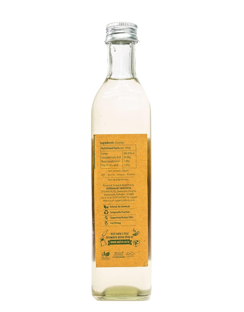 ADRISH Adrish Zerowaste Organic Wood Pressed Coconut Oil (500ml) - Organic | Unrefined | Cold Pressed Coconut Oil for Cooking | Kolhu/Kacchi Ghani Coconut Oil | Glass Bottle