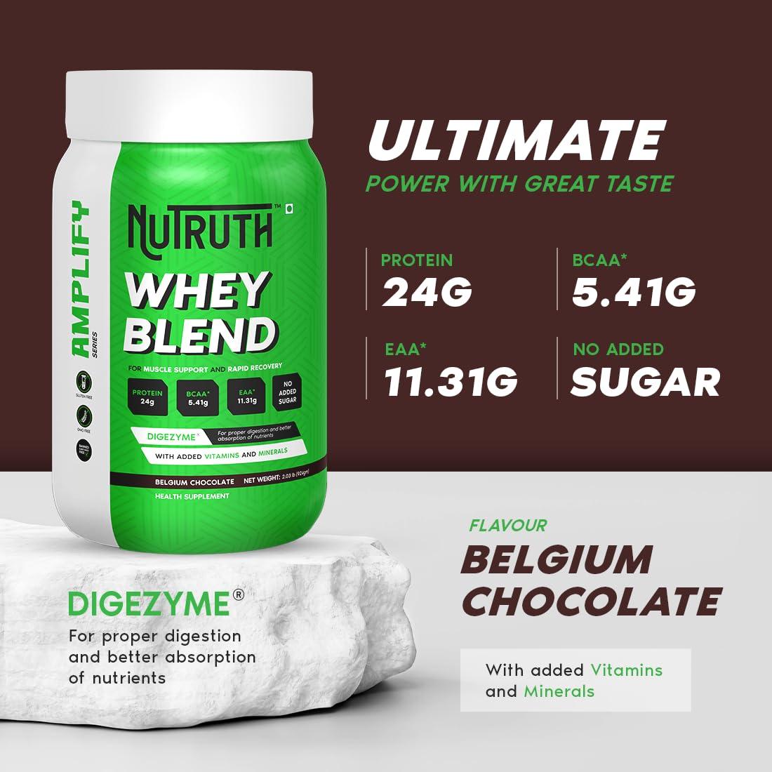 NUTRUTH NUTRUTH Amplify Whey Blend Protein (Isolate + Concentrate) Belgium Chocolate flavour, 24g Protein, 5.38g BCAA, added 20 Vitamins & Minerals, 924gm / 2.03 lb + 500 ml Shaker Free